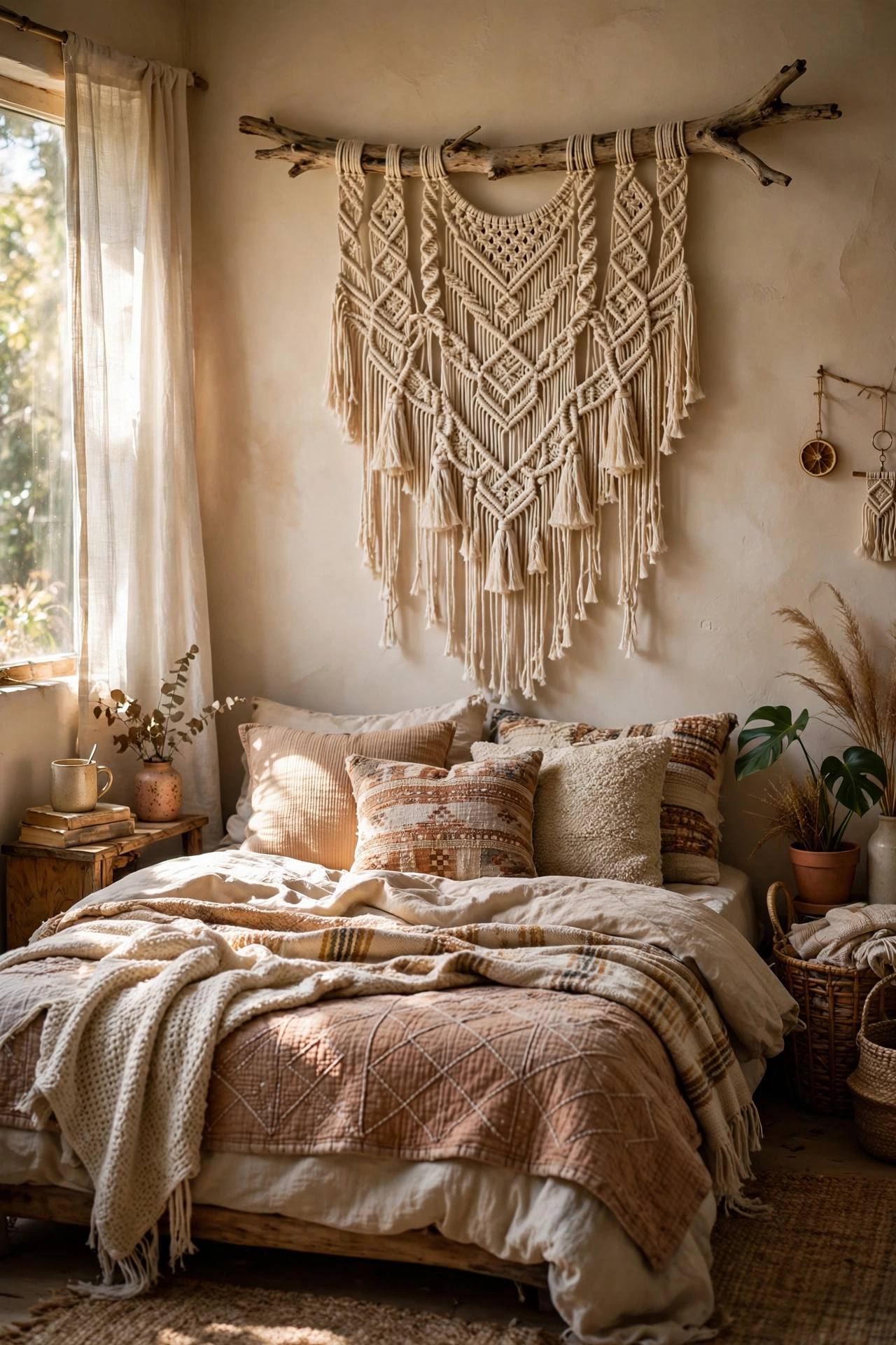 DIY headboard with a large macramé wall hanging on a driftwood branch behind a boho bed.