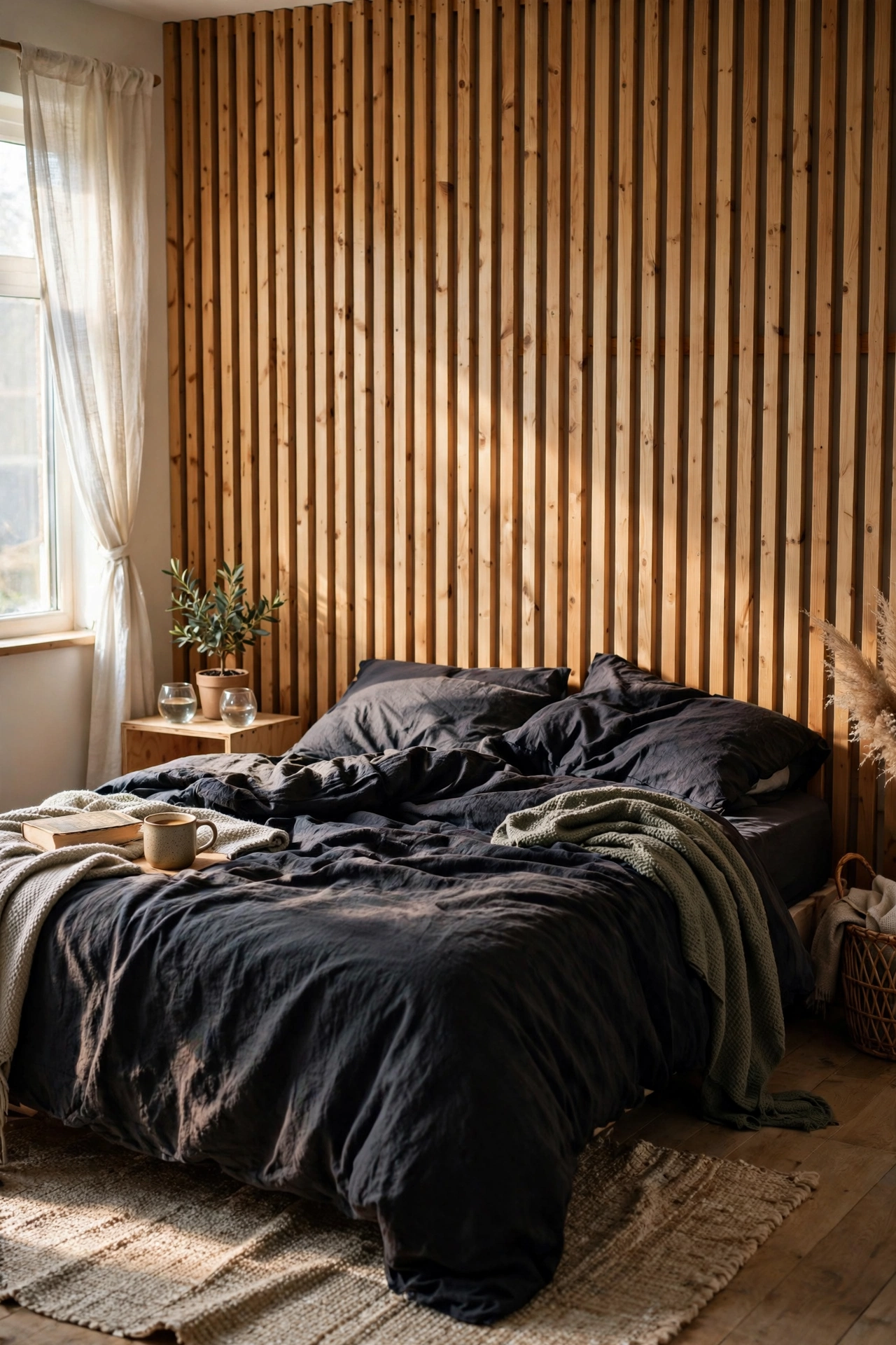 DIY headboard of vertical timber battens with even spacing behind a bed in a modern bedroom.