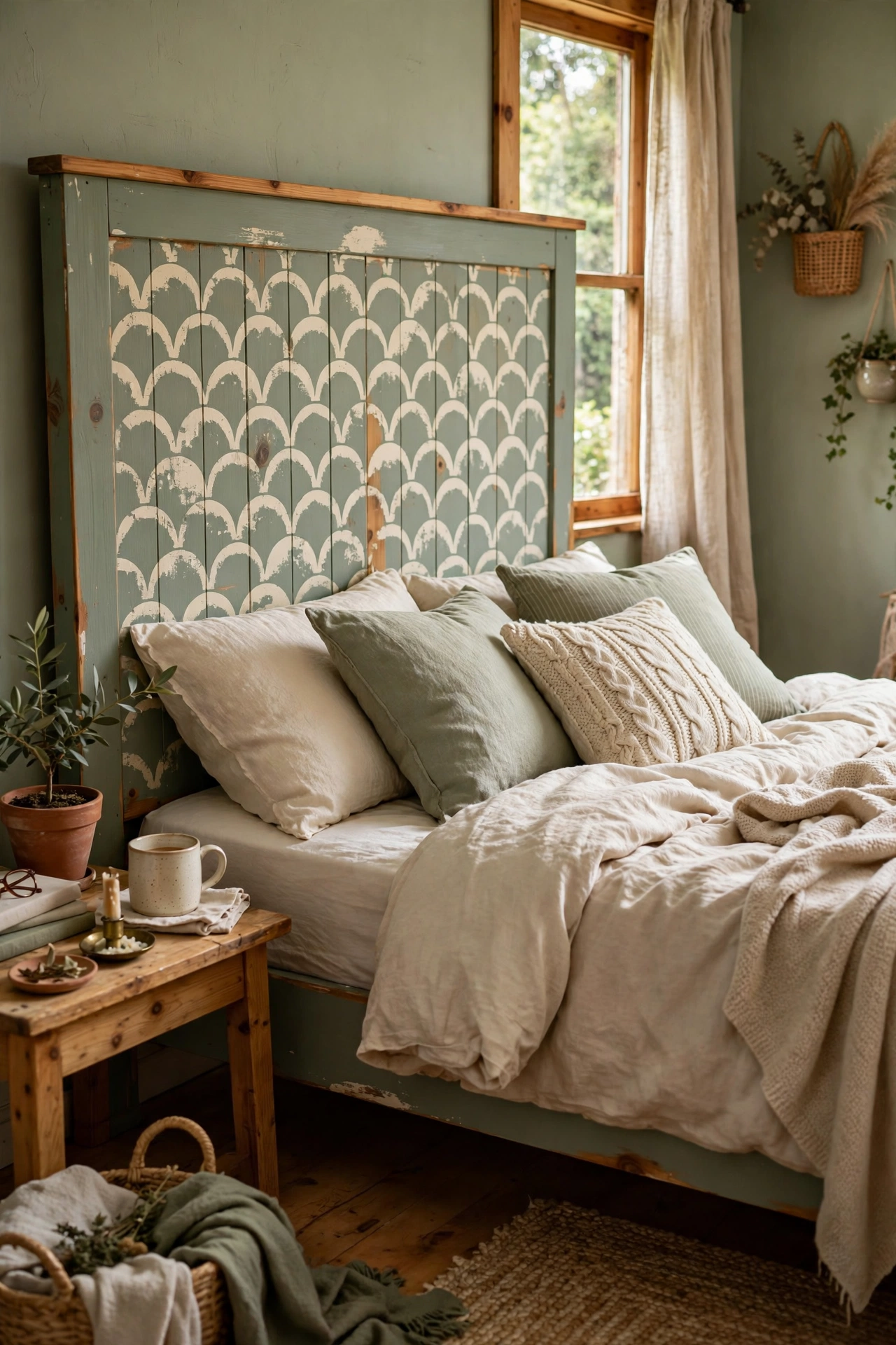 DIY headboard with a stencilled scallop pattern in cream over sage on a secondhand pine headboard.