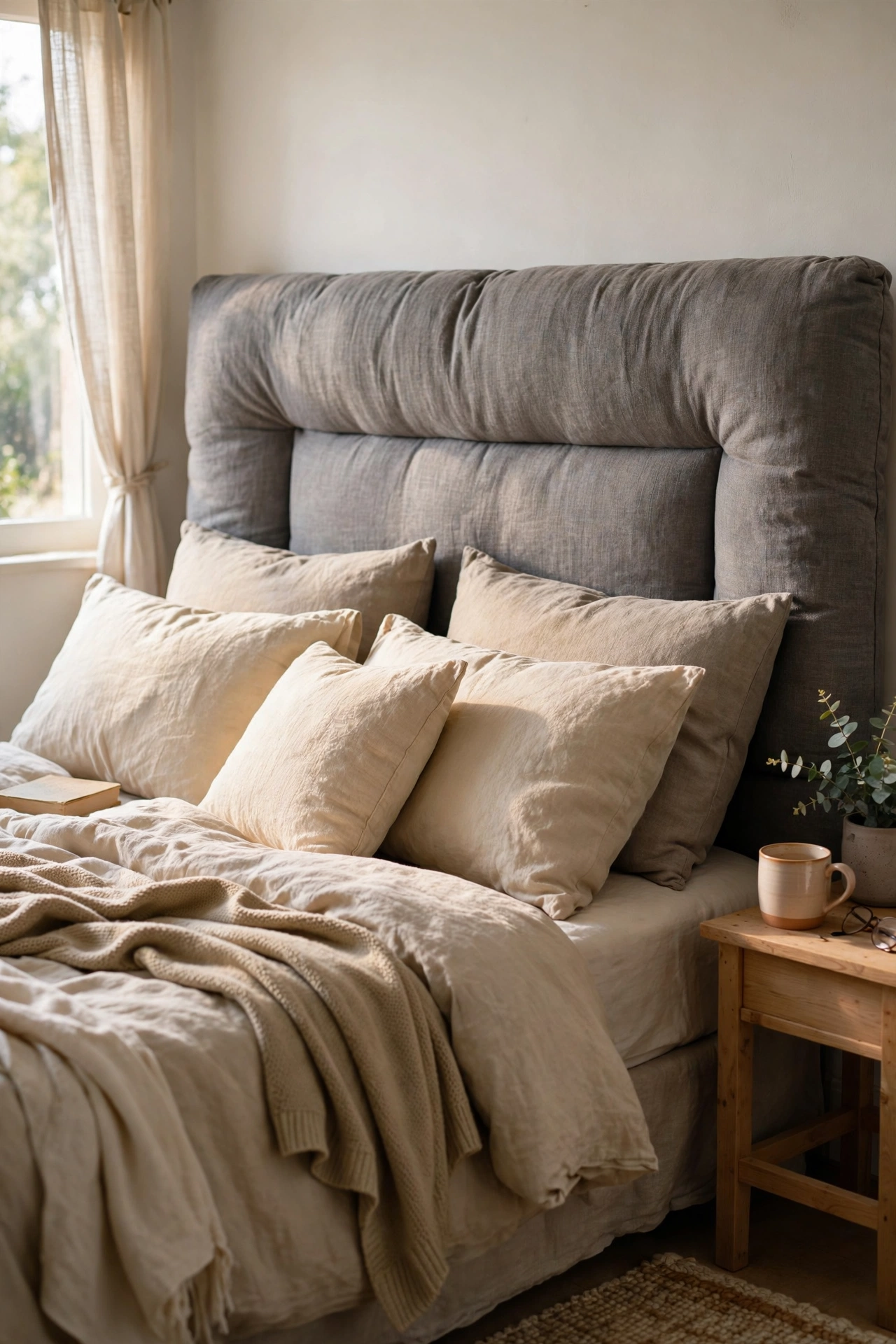 DIY headboard with thick foam padding wrapped in grey linen-look fabric behind a comfortable bed.