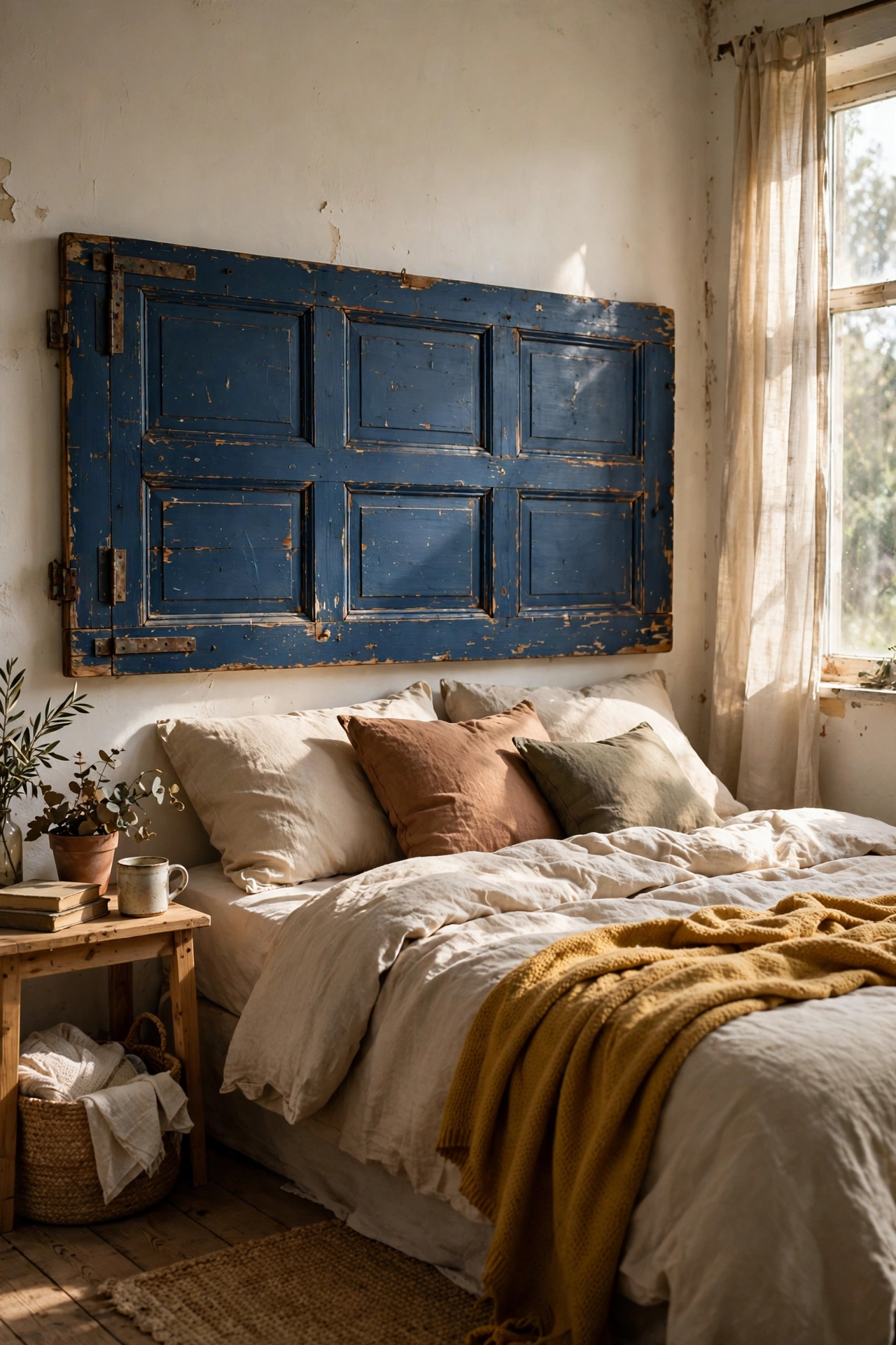 DIY headboard made from a salvaged panelled door mounted horizontally and painted deep blue behind a bed.