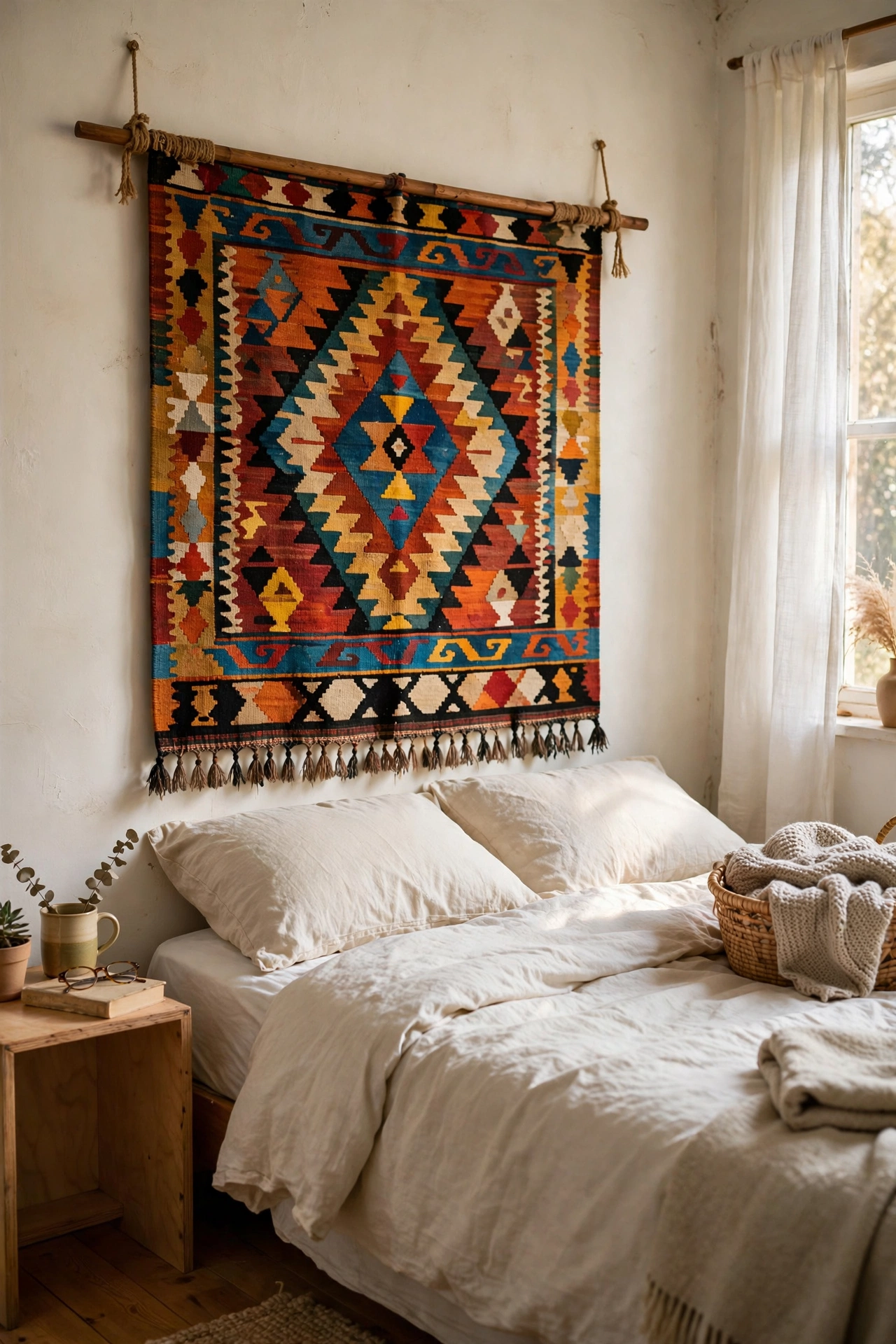 DIY headboard with a secondhand kilim rug hung from a dowel behind a bed in warm rust and cream.