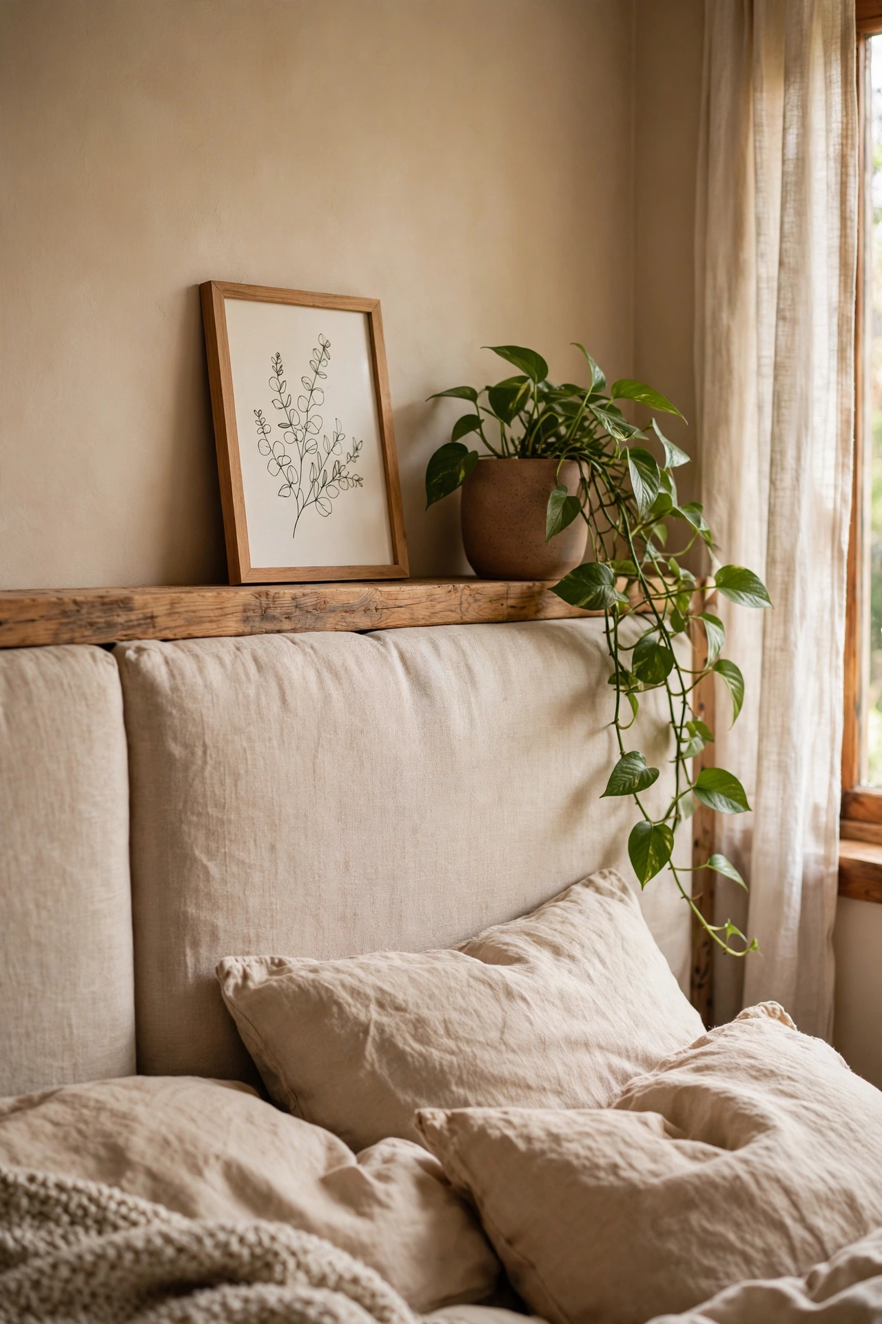 DIY headboard of fabric-wrapped plywood with a shallow timber picture ledge holding art above a bed.