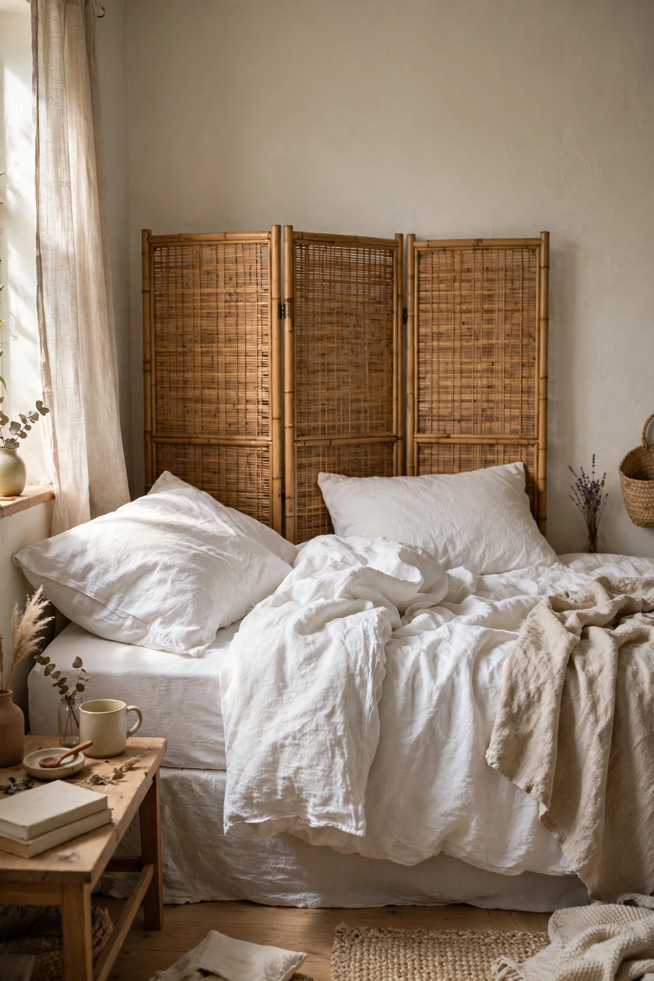 DIY headboard using a folding bamboo screen stood behind a bed in a light neutral bedroom.