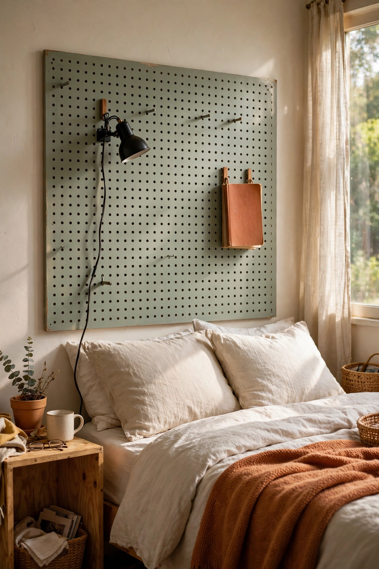 DIY headboard of painted pegboard with hooks holding a reading light and book behind a bed.
