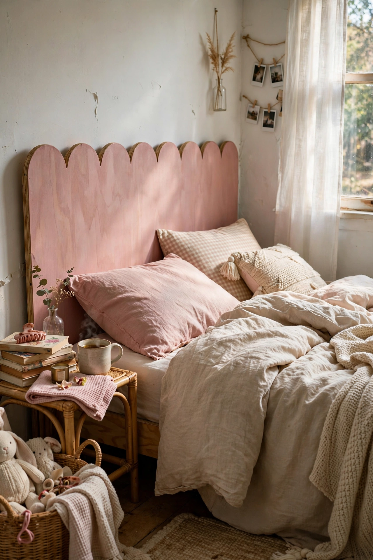 DIY headboard with a scalloped top edge cut into plywood and painted dusty pink in a girl's bedroom.