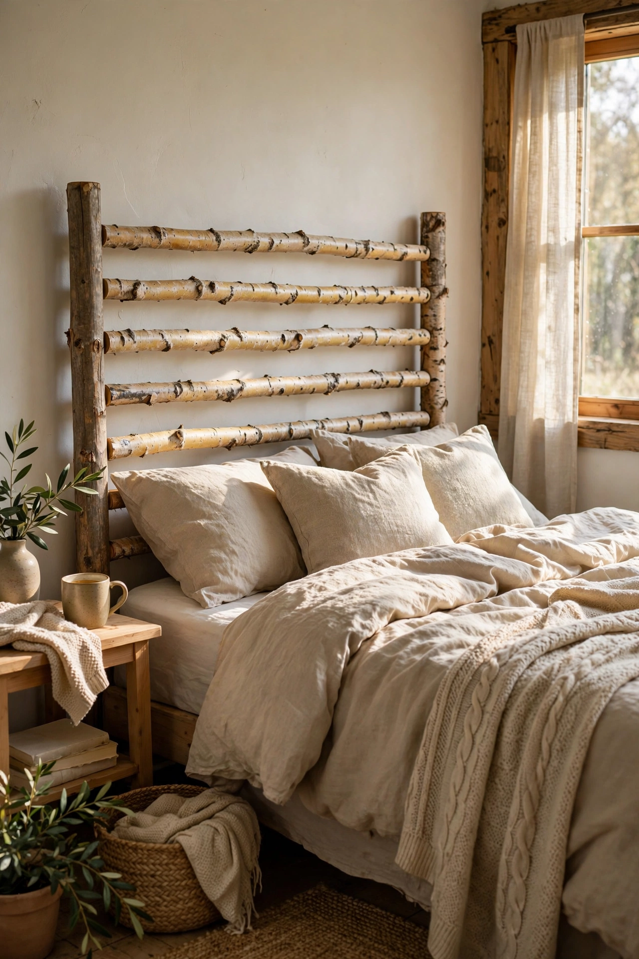 DIY headboard of horizontal birch poles lashed between uprights behind a bed with plain bedding.