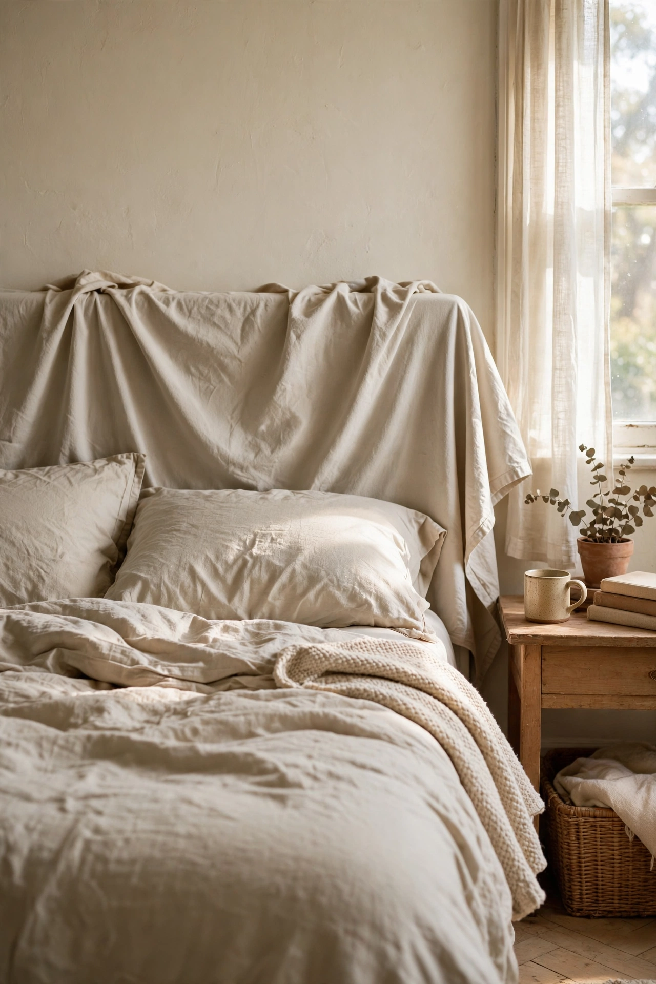 DIY headboard slipcovered in a washed painter's drop cloth with a relaxed linen look.