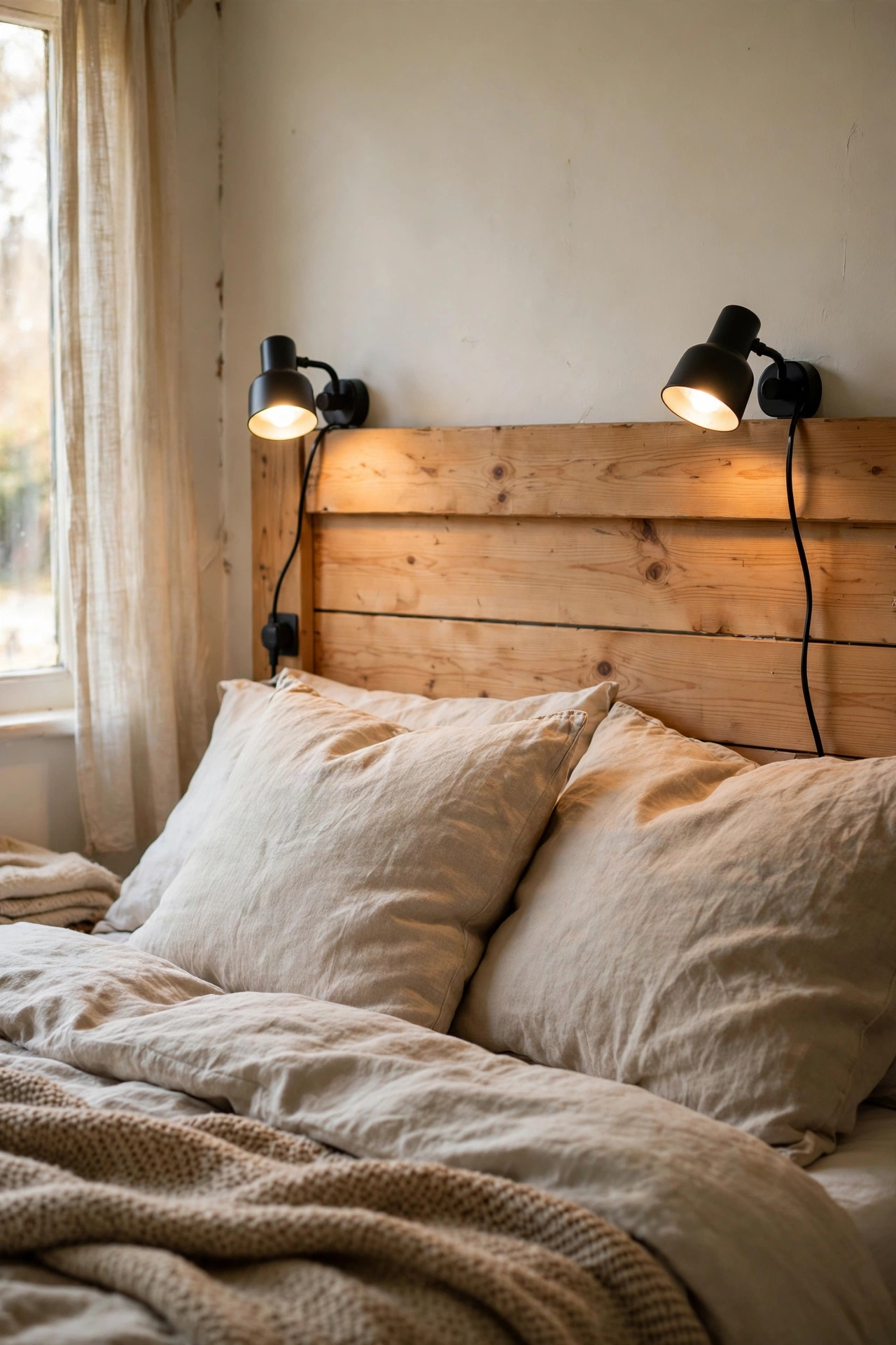 DIY headboard with two plug-in swing-arm reading lights mounted on a simple timber headboard.