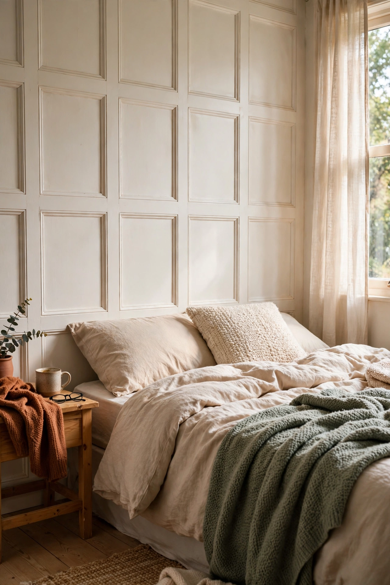 DIY headboard effect with wainscoting-style timber trim rectangles painted warm white behind a bed.