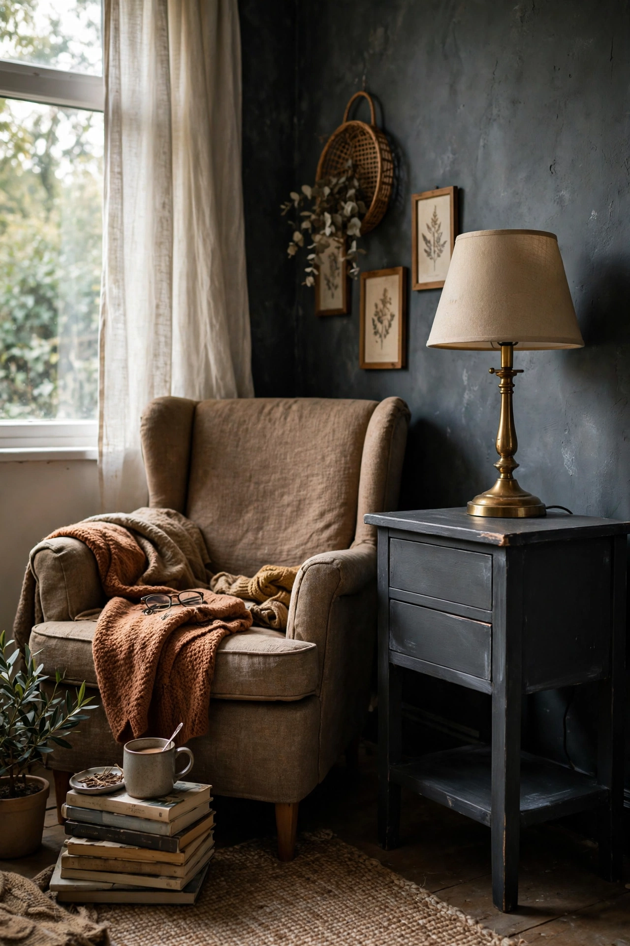 Moody DIY decor with a wooden side table painted in matte charcoal chalk paint beside a reading chair.