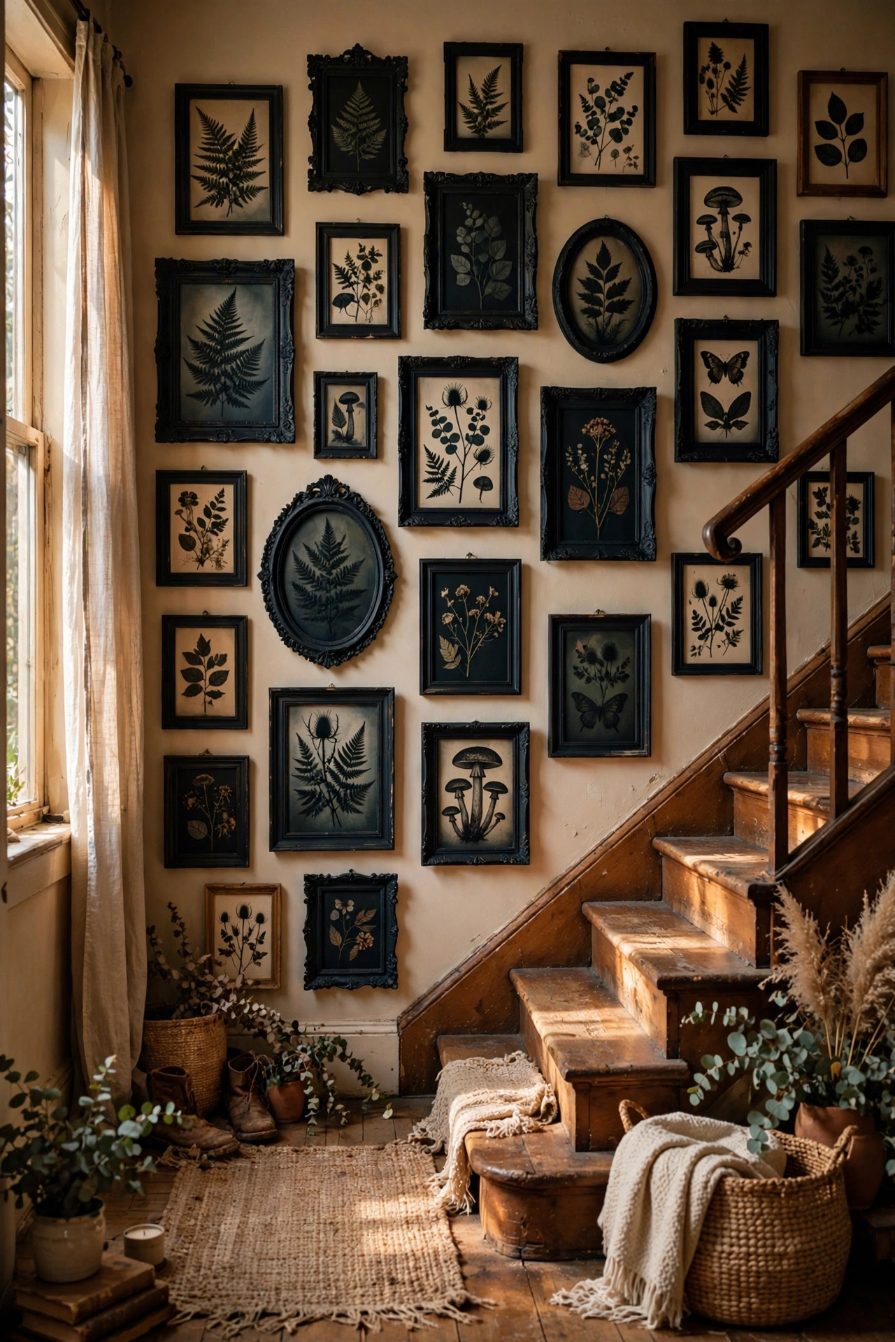 Moody DIY decor gallery wall of thrifted frames sprayed matte black with dark botanical prints up a staircase.