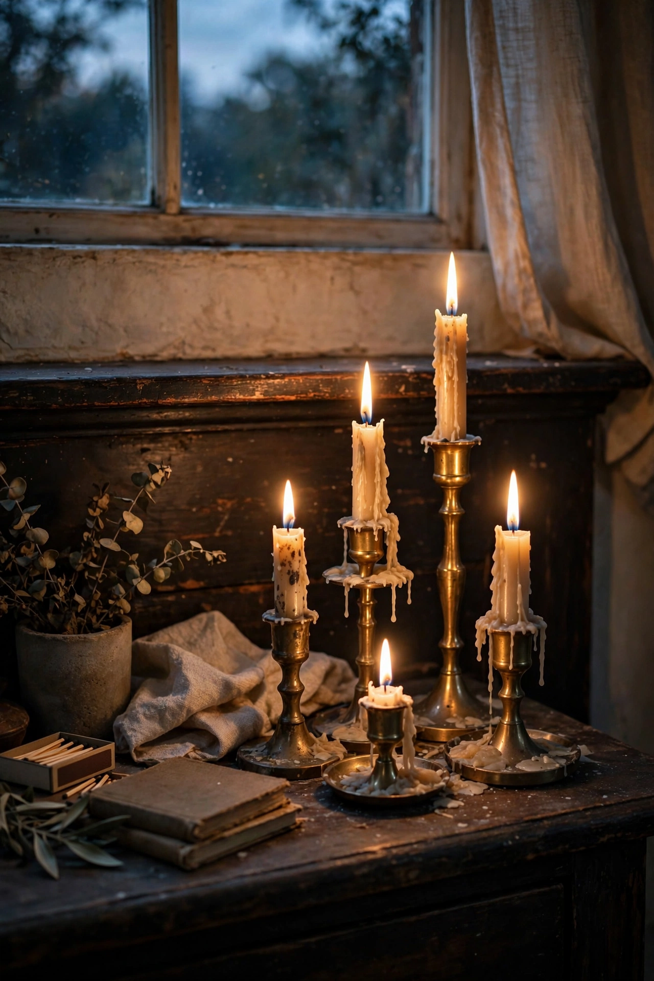 Moody DIY decor candle cluster with thrifted brass holders of varying heights glowing on a mantel at dusk.