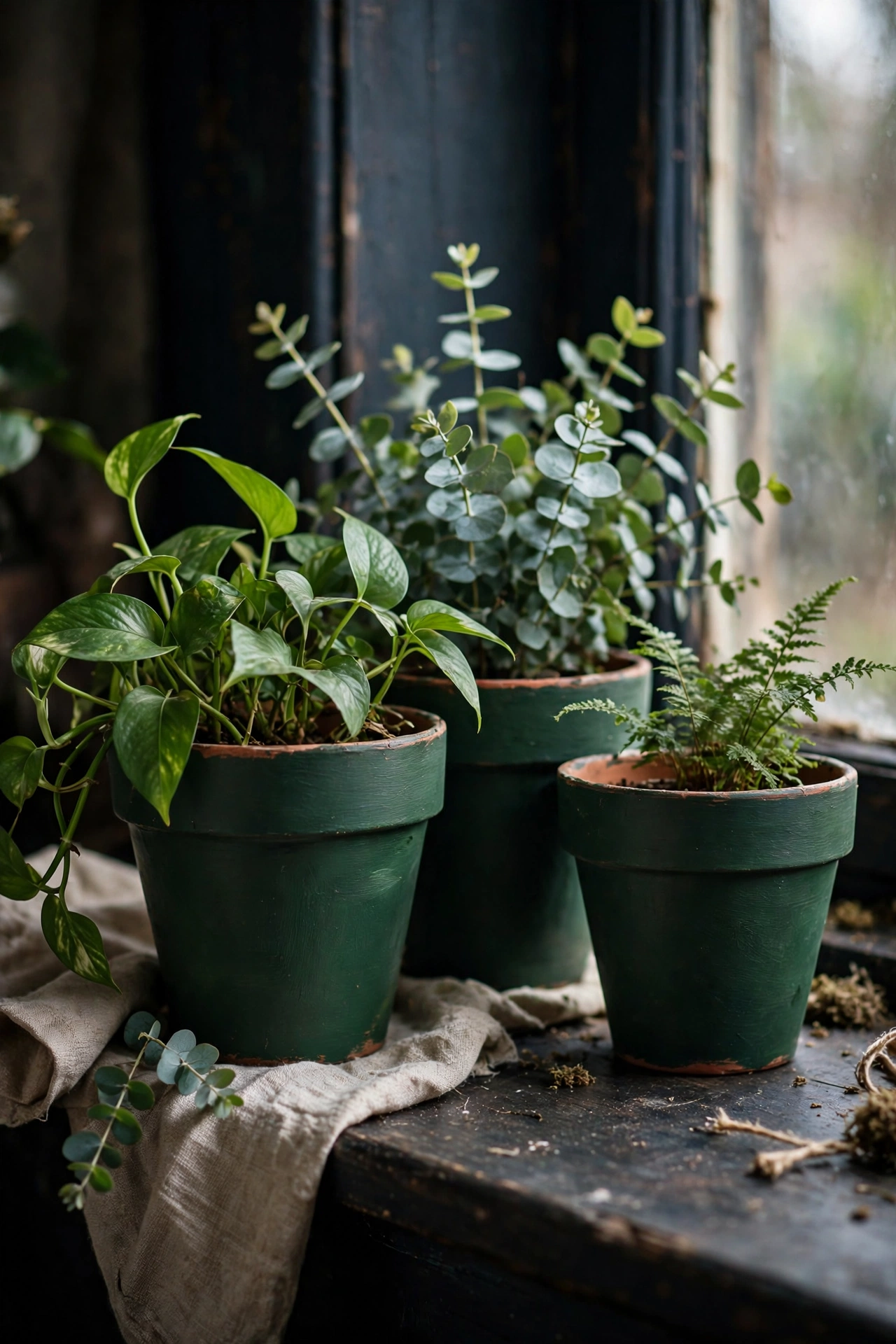 Moody DIY decor with terracotta plant pots painted deep forest green grouped on a dark windowsill.