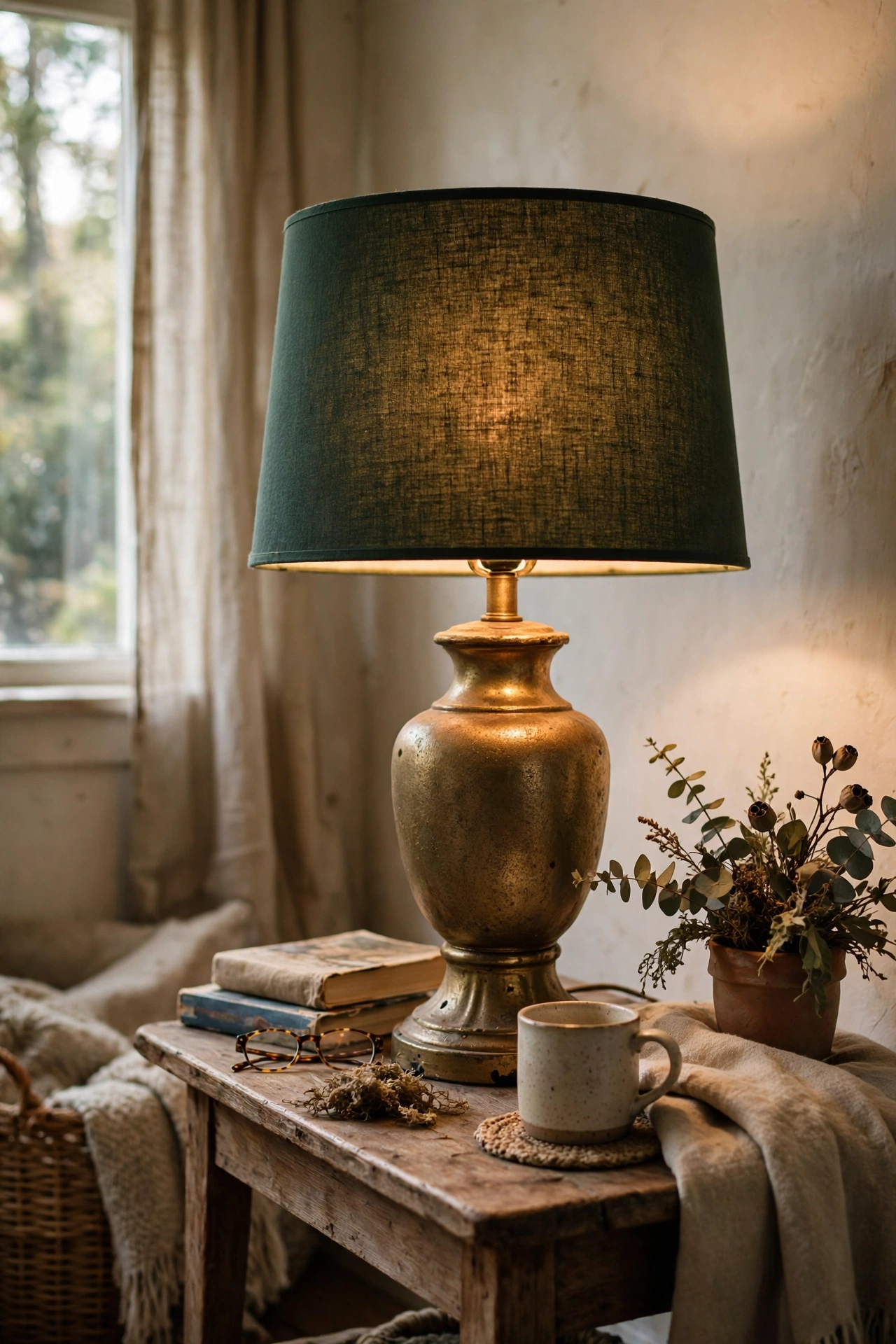 Moody DIY decor lamp with a thrifted ceramic base sprayed antique brass and a dark green drum shade.