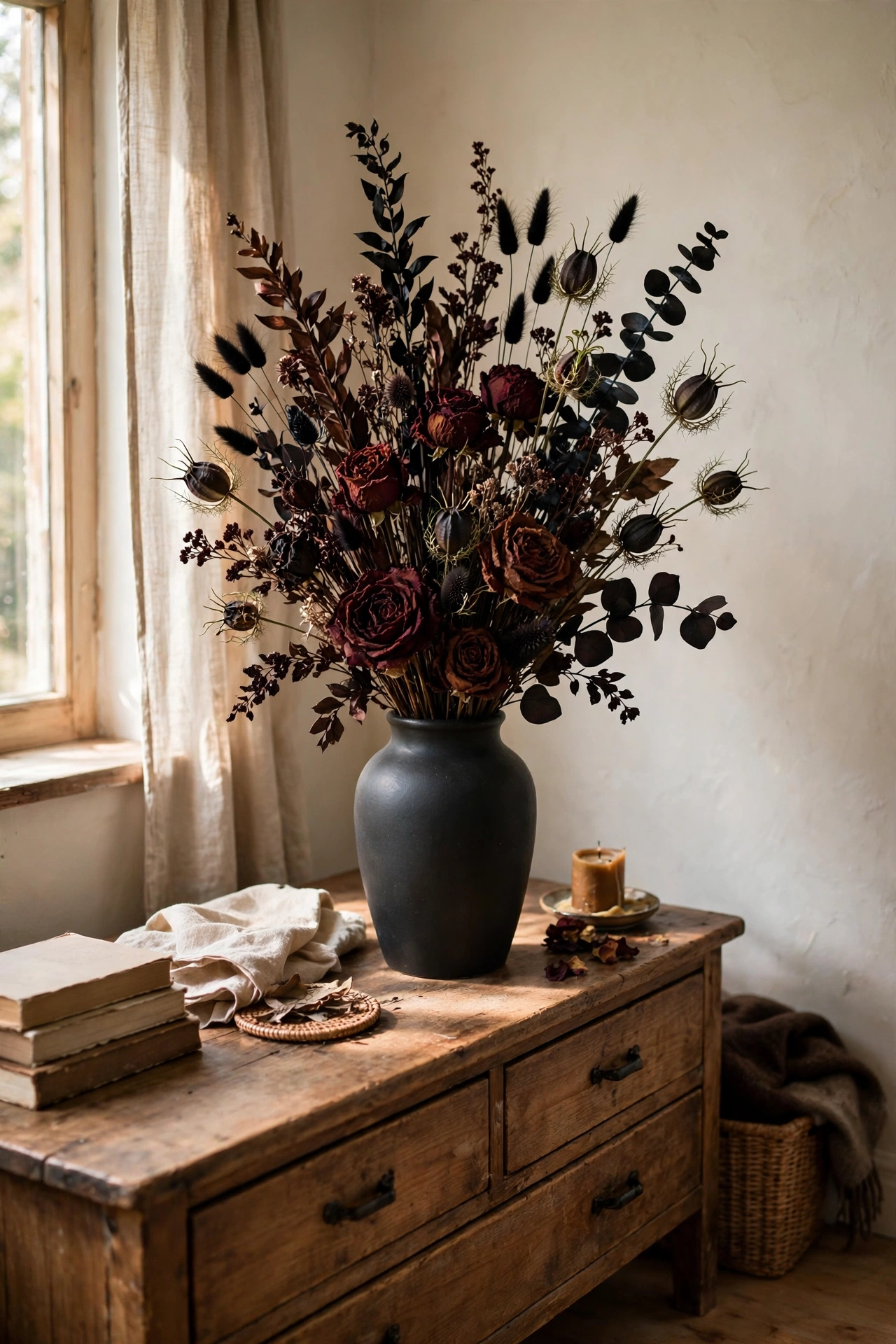 Moody DIY decor arrangement of dark dried flowers in burgundy and chocolate tones in a black vase.