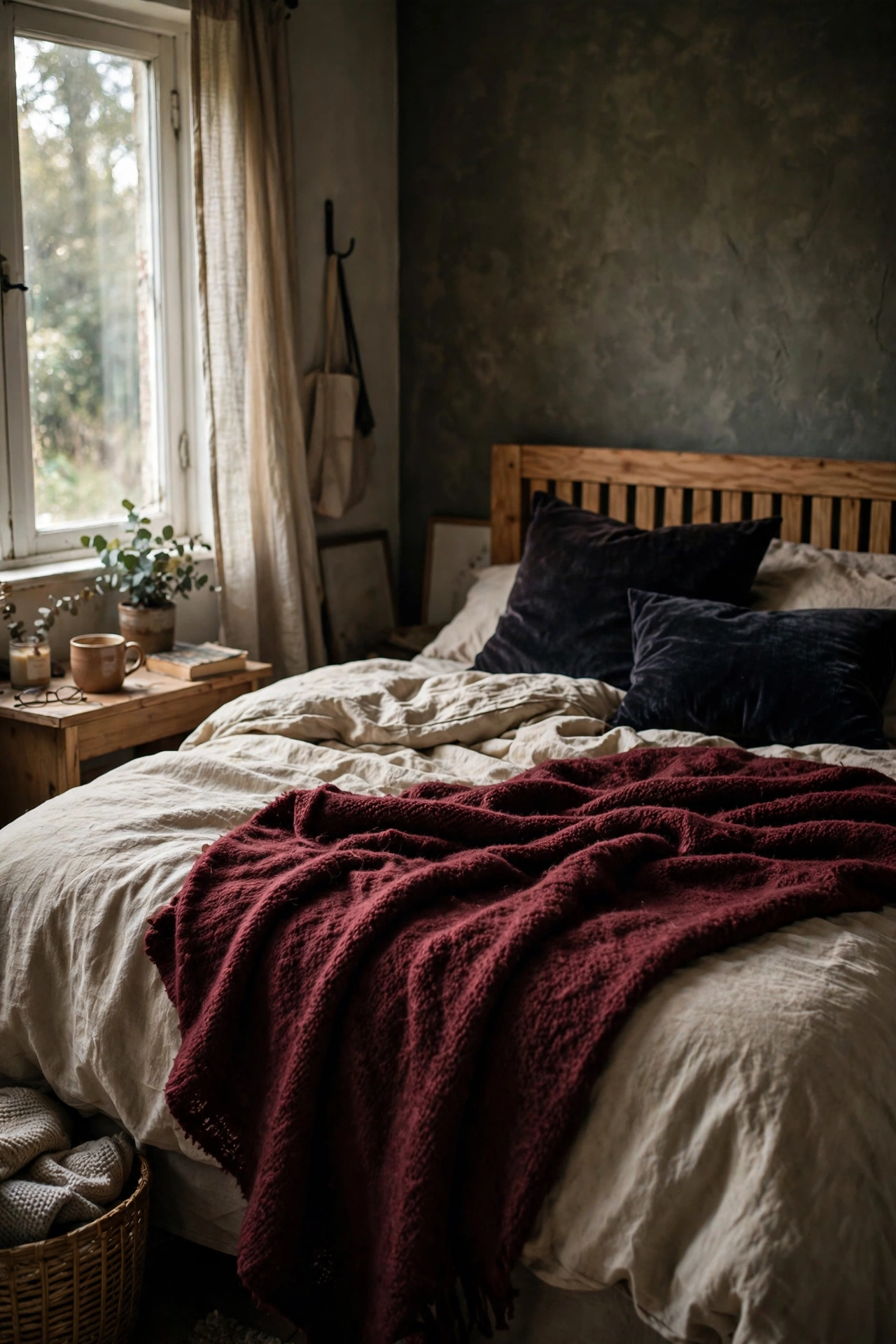 Moody DIY decor bedroom with a heavy burgundy wool throw layered across the foot of a neutral bed.