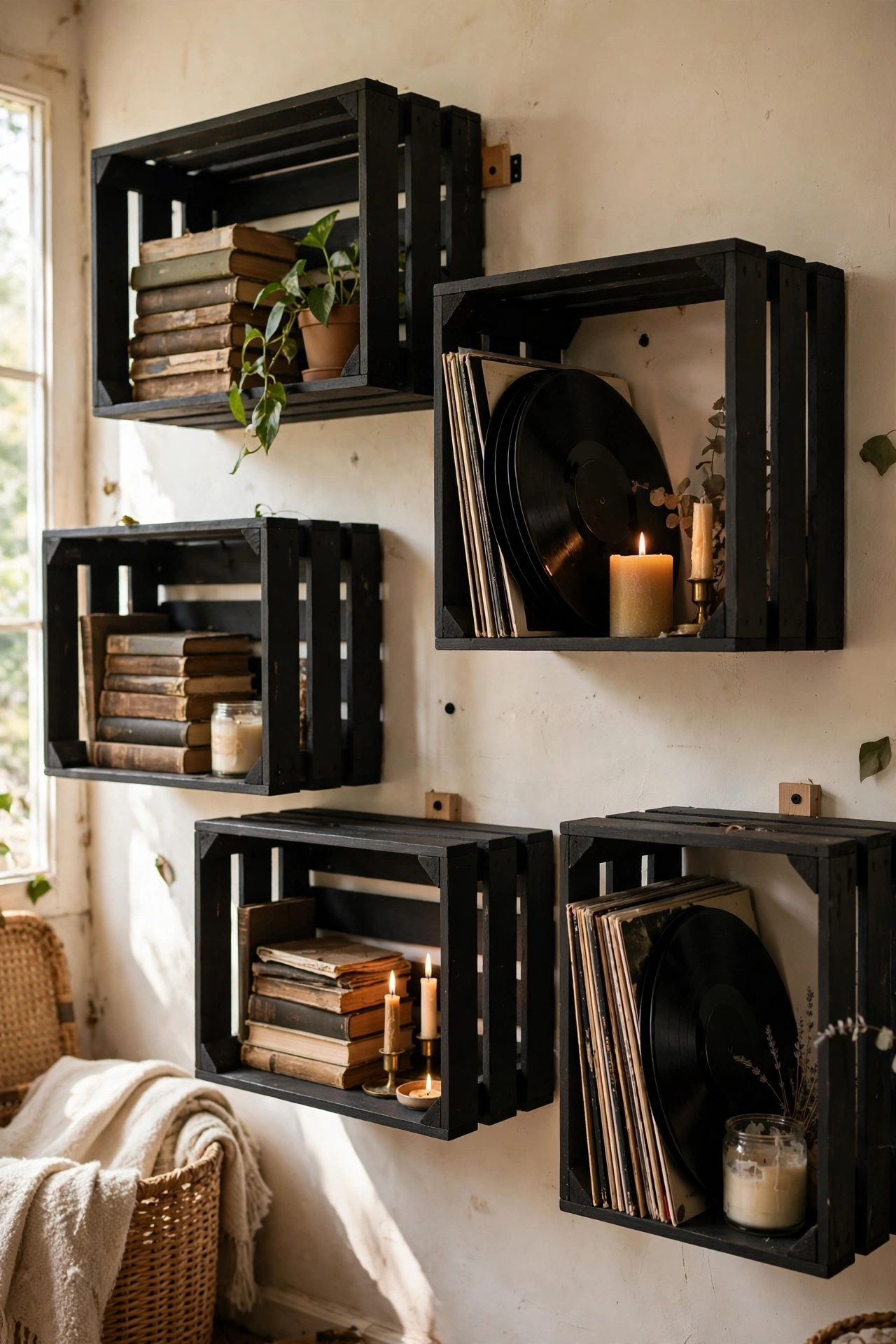 Moody DIY decor wall-mounted wooden crates painted matte black used as box shelves with books and candles.