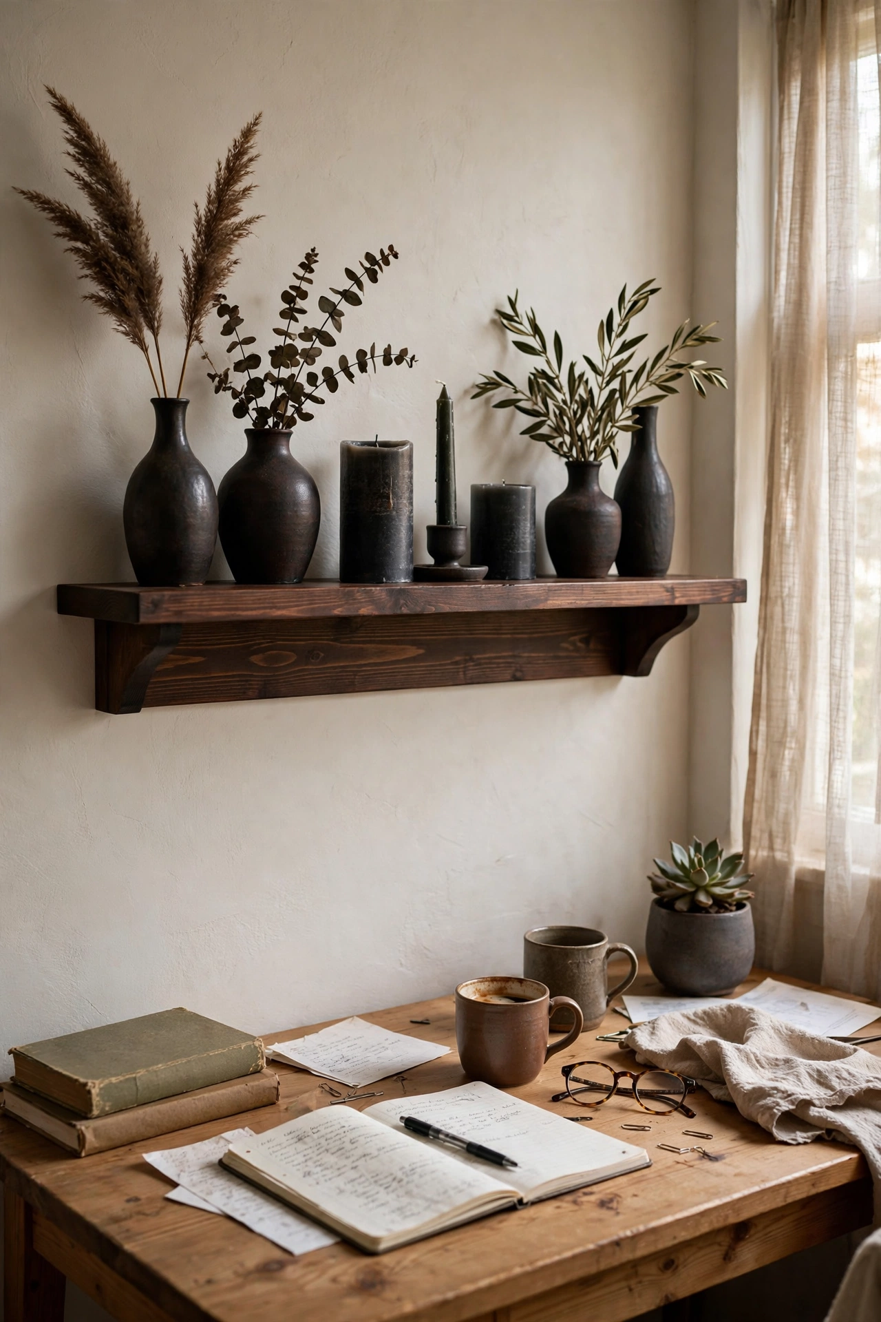 Moody DIY decor floating shelf stained dark walnut holding dark vases and candles above a desk.