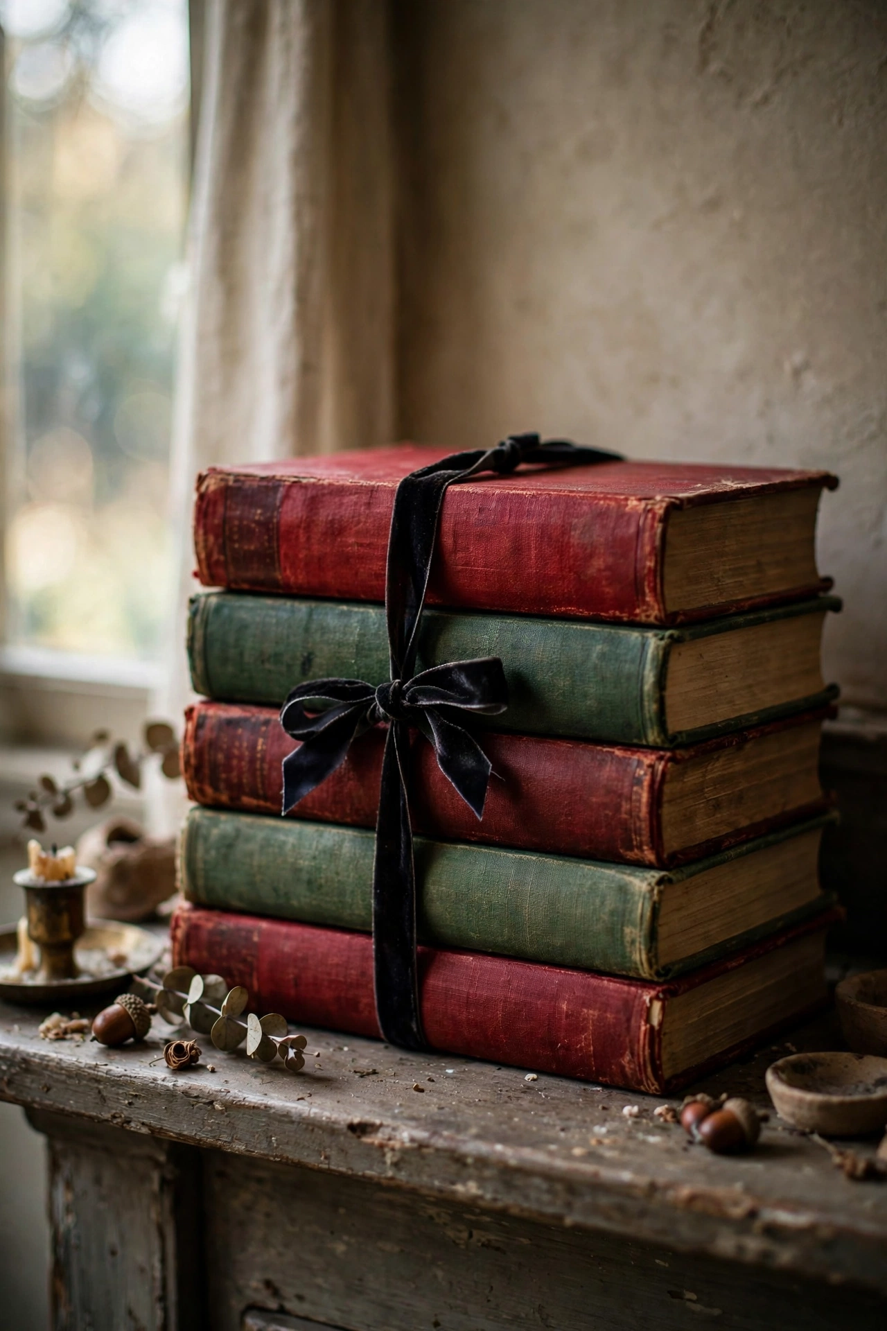 Moody DIY decor stack of old clothbound hardback books with dark covers tied with velvet ribbon on a mantel.
