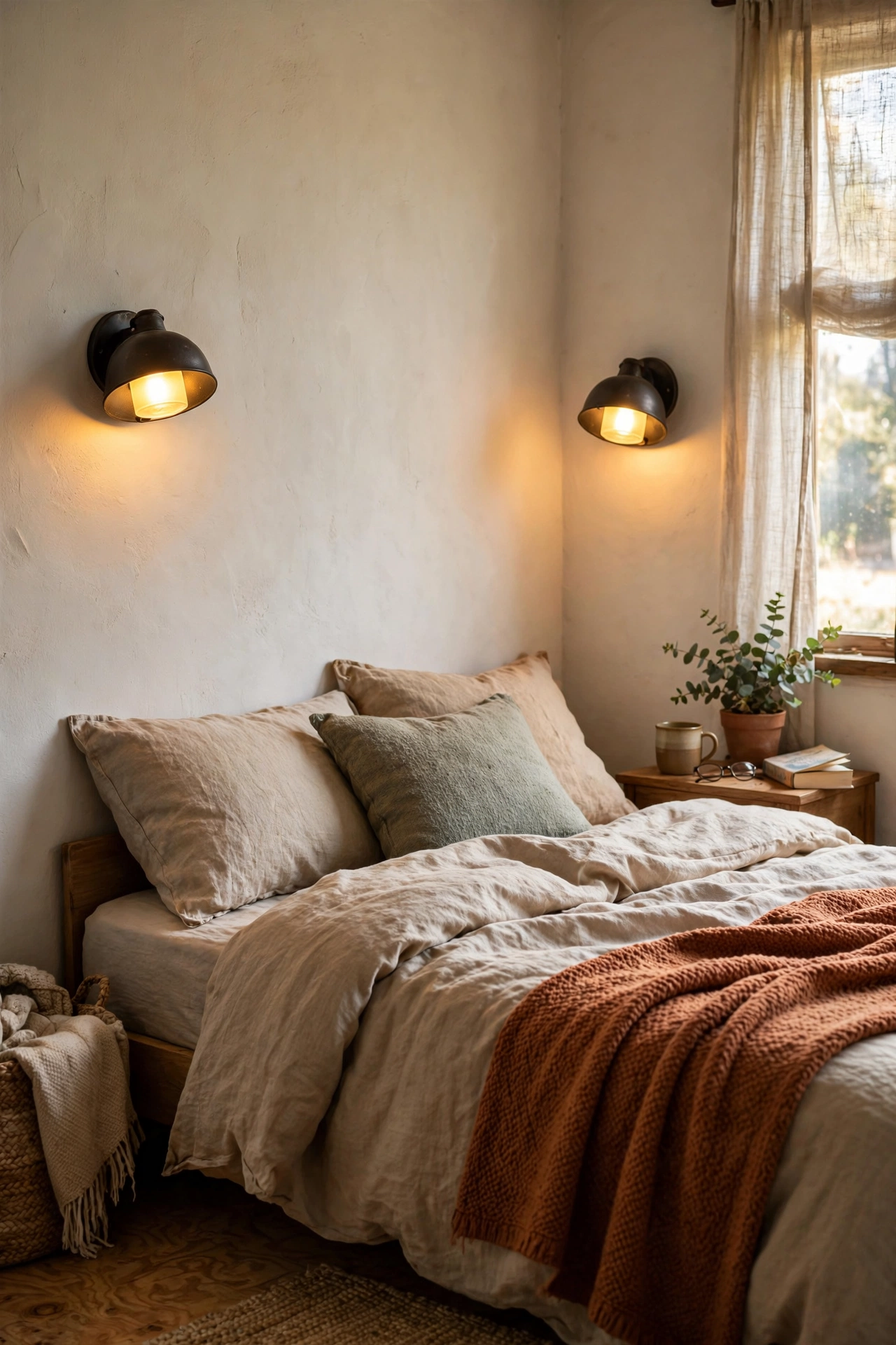 Moody DIY decor faux wall sconces made from battery puck lights inside small dark shades flanking a bed.