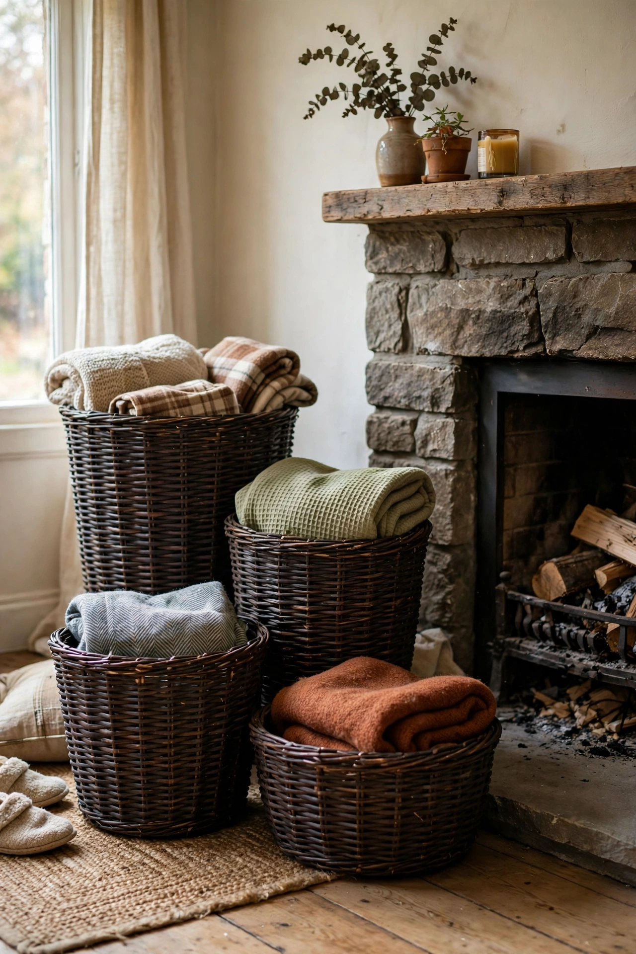 Moody DIY decor cluster of dark-stained woven baskets of varying shapes holding throws by a fireplace.