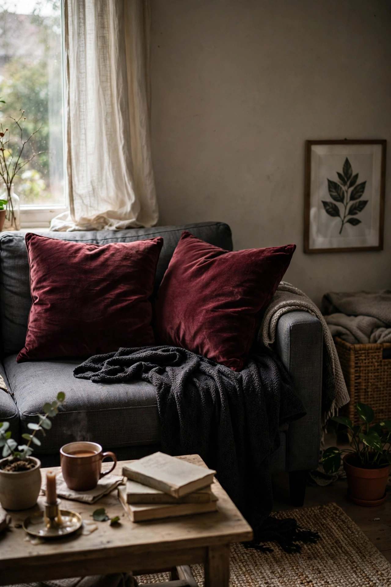Moody DIY decor burgundy velvet no-sew cushion covers on a charcoal sofa in a living room.