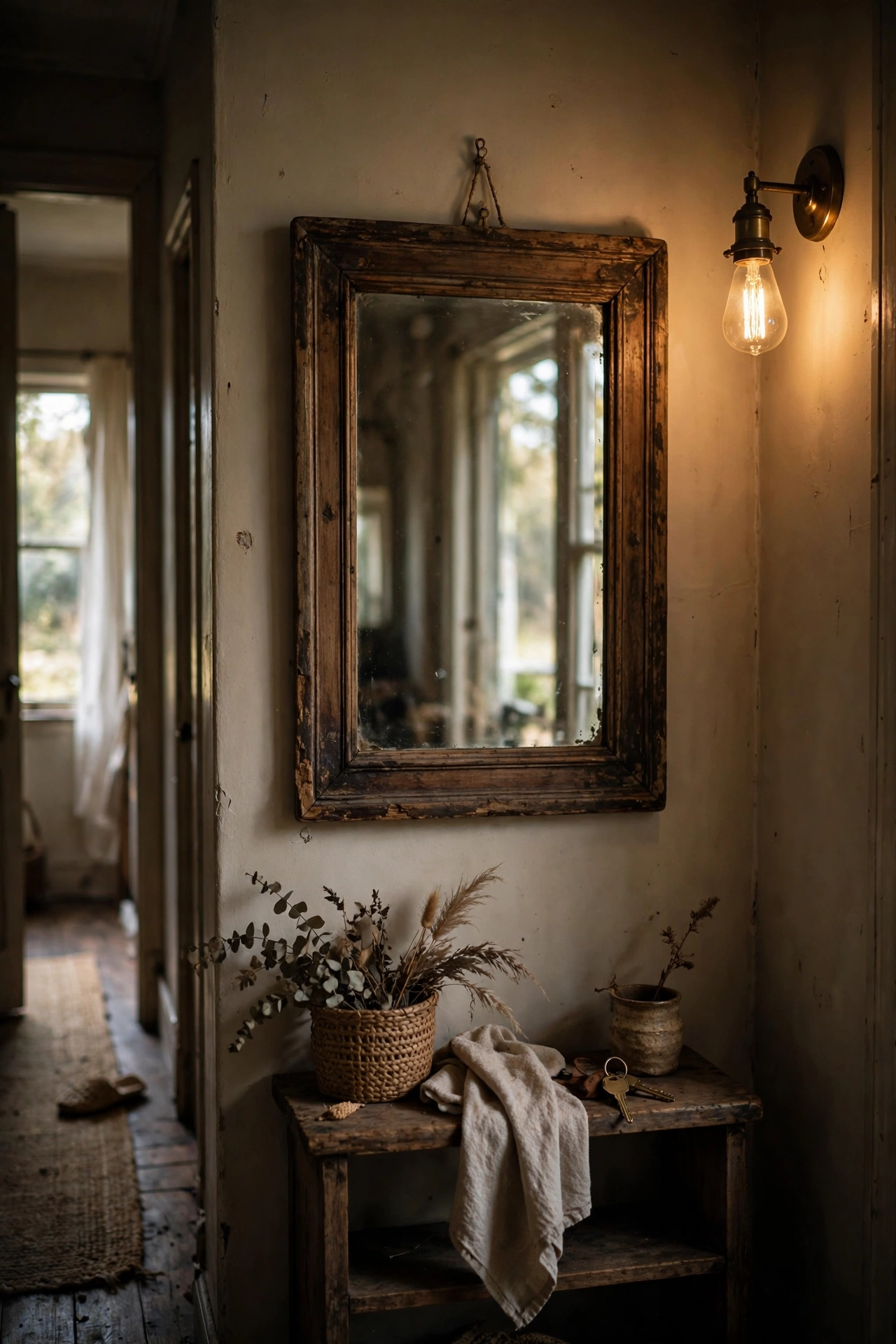 Moody DIY decor mirror with a wooden frame aged using dark antiquing wax in a dark hallway.