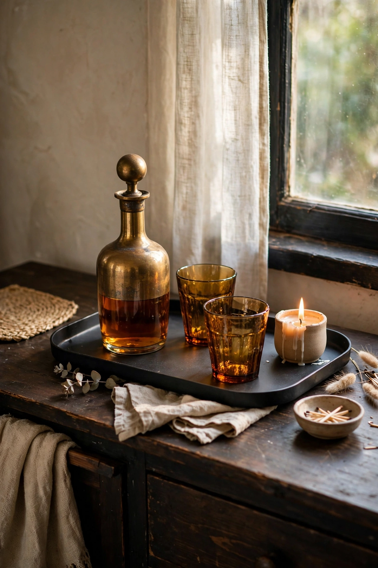Moody DIY decor bar tray sprayed matte black styled with brass and amber glass on a sideboard.