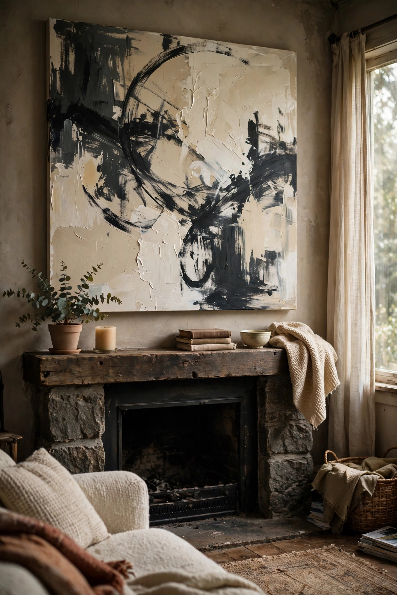 Moody DIY decor hand-painted abstract canvas in charcoal and cream hanging above a fireplace.