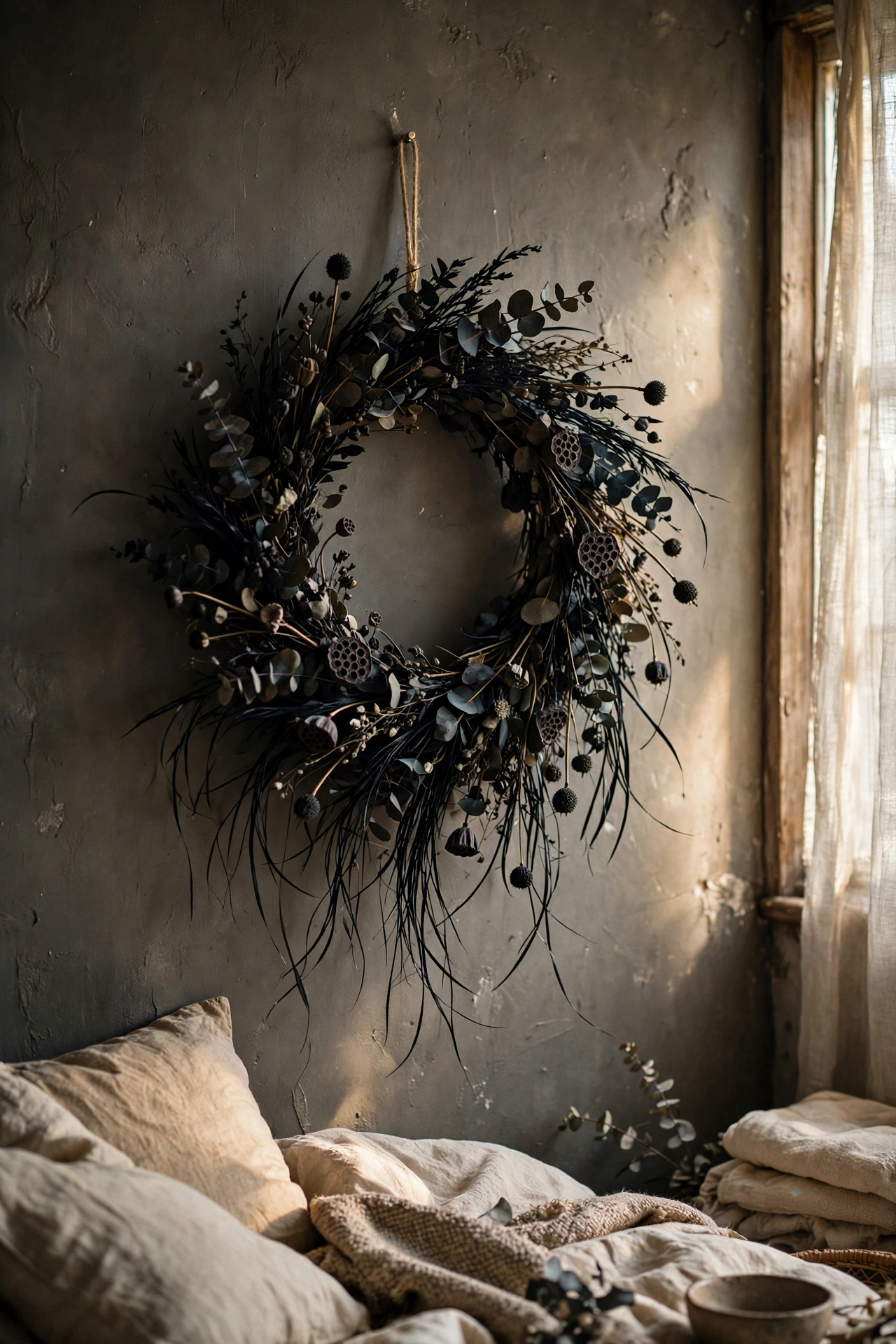 Moody DIY decor wreath of dark dried eucalyptus and seed heads hanging on a bedroom wall.