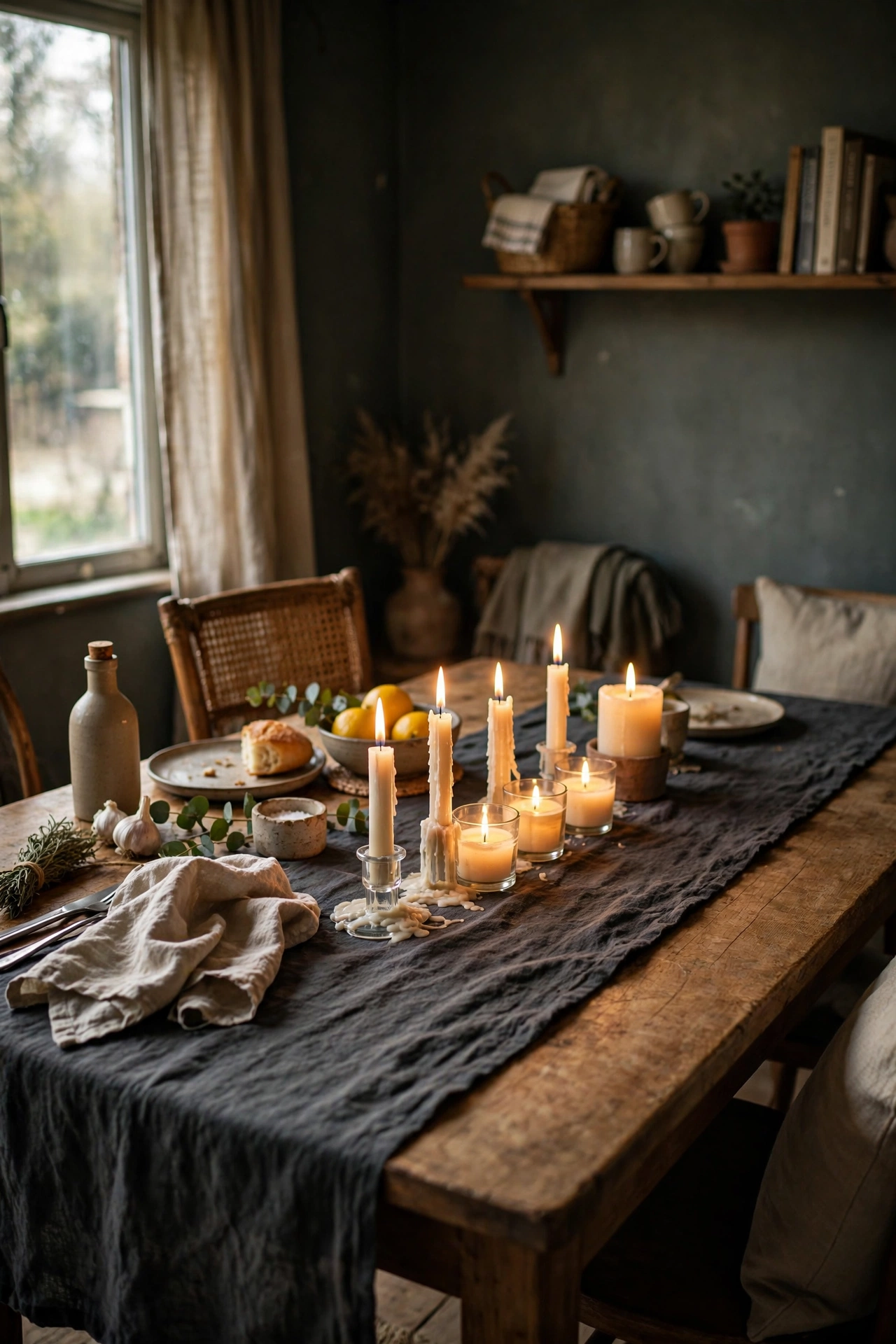 Moody DIY decor dining table with a dark charcoal linen runner and candles down the centre.
