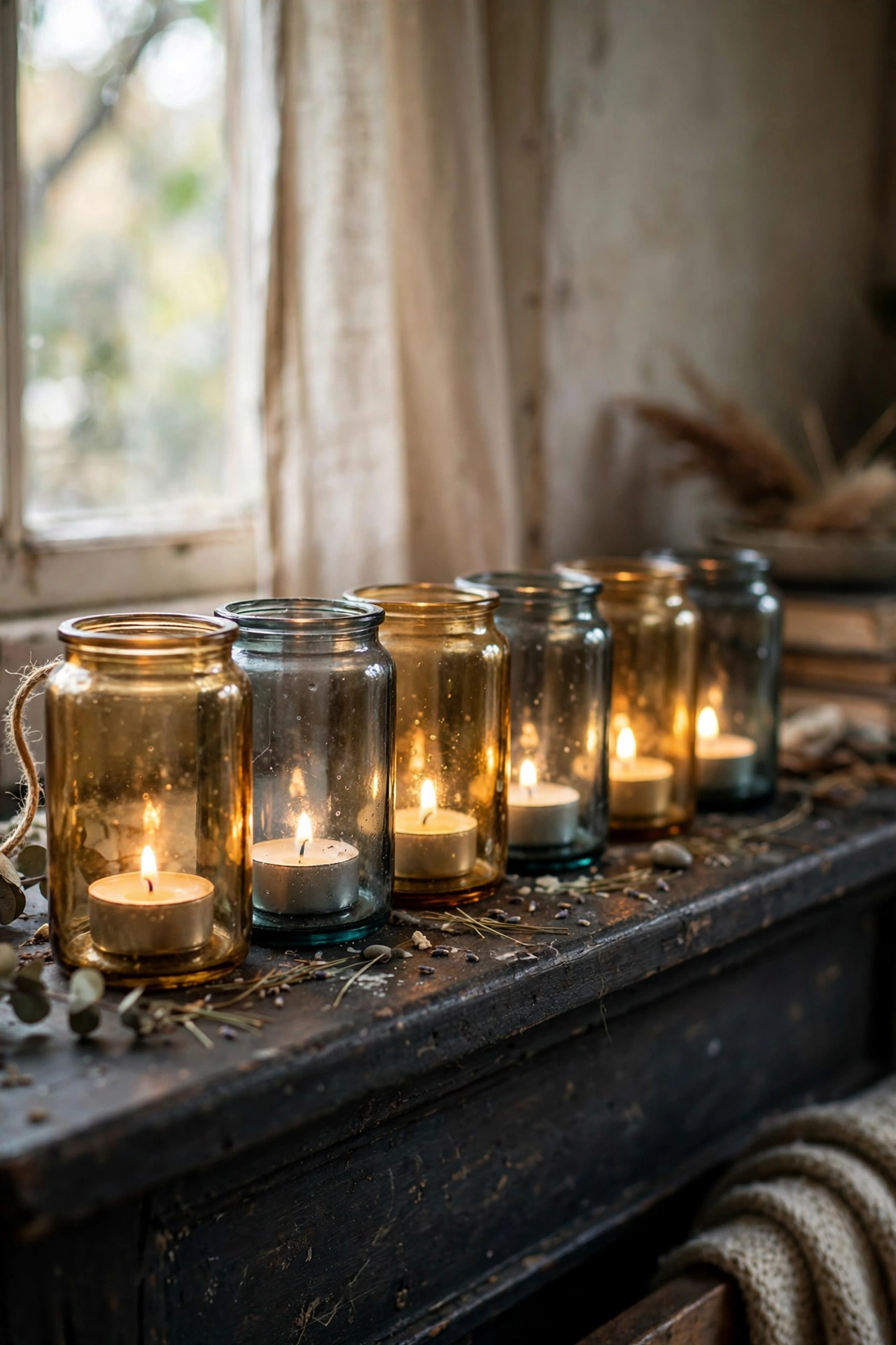 Moody DIY decor tinted mason jars in amber and smoke grey glowing with tealights on a mantel.