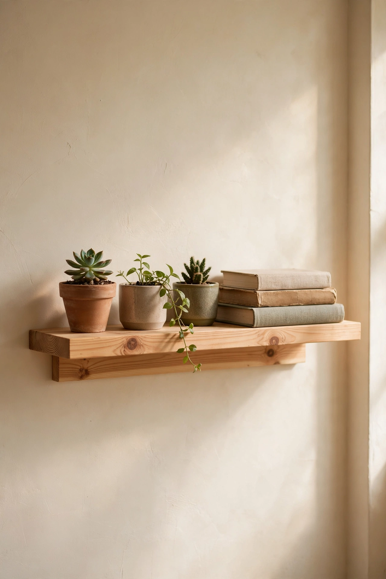 A simple floating pine diy shelf with hidden brackets holding small plants and books on a cream wall