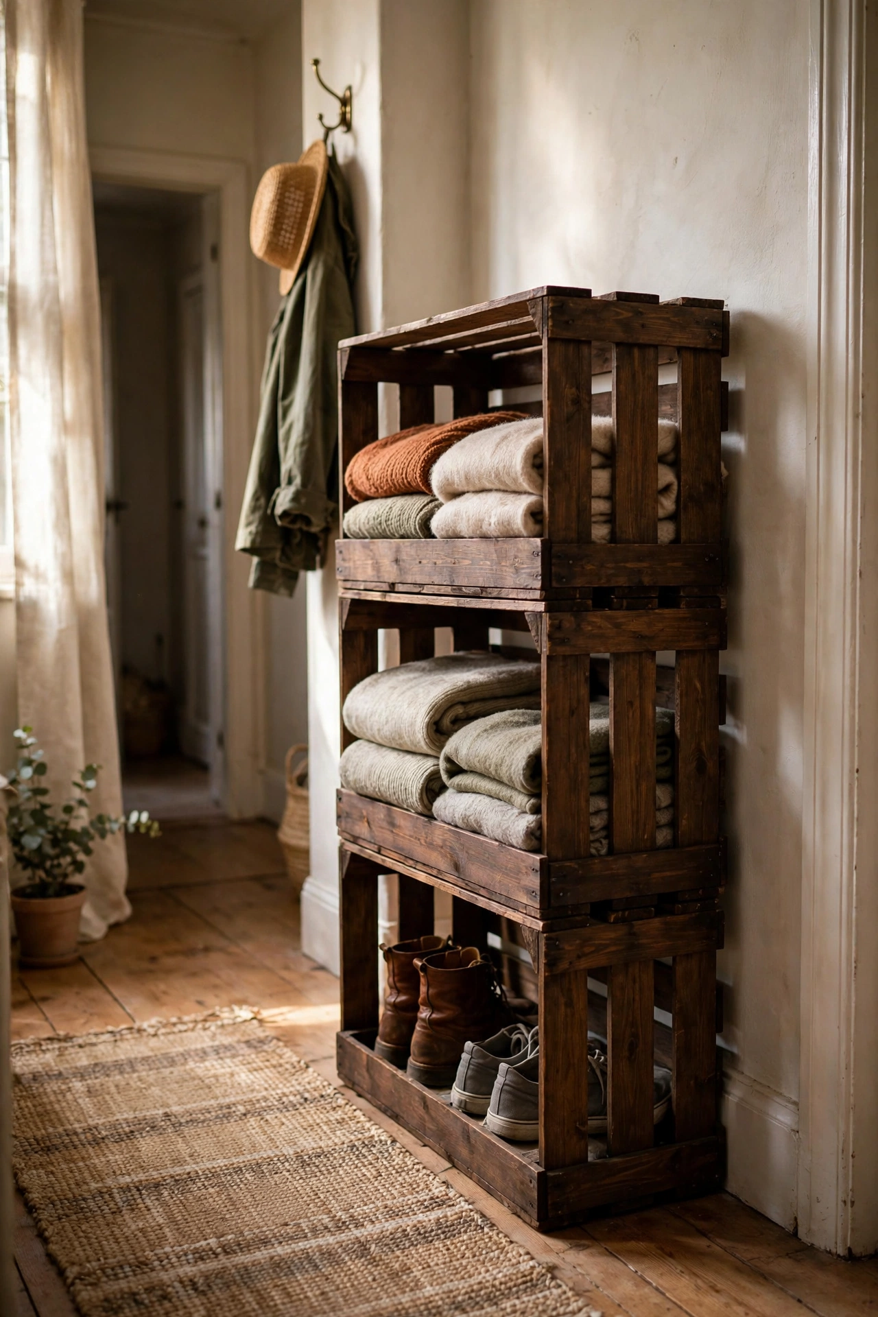 Stacked wooden crate diy shelf tower stained dark, filled with folded blankets and shoes in a hallway