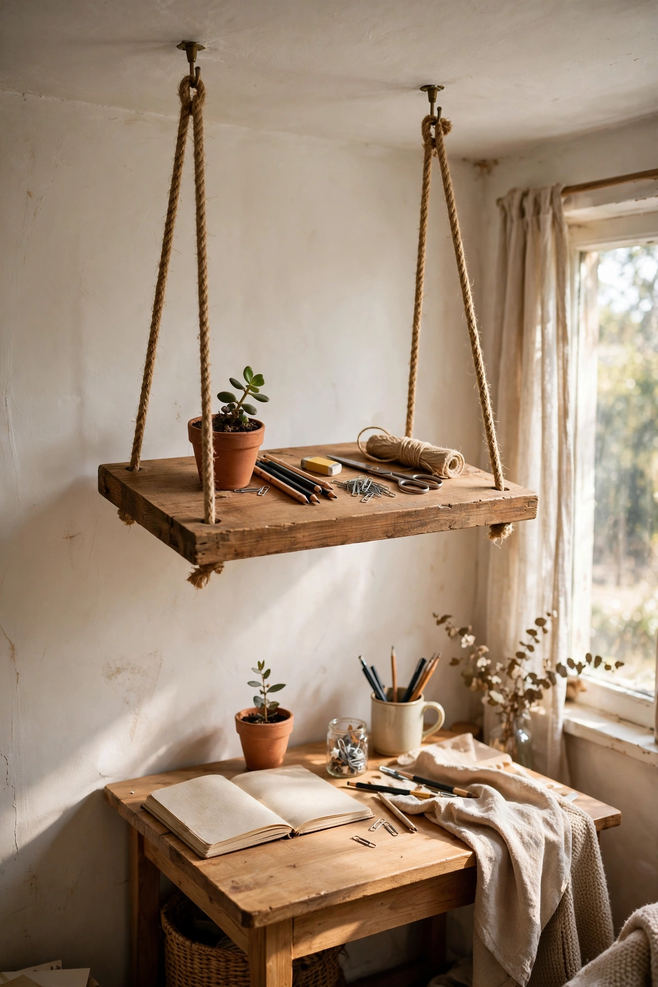 Hanging rope diy shelf with a wooden board suspended by thick jute rope above a small desk