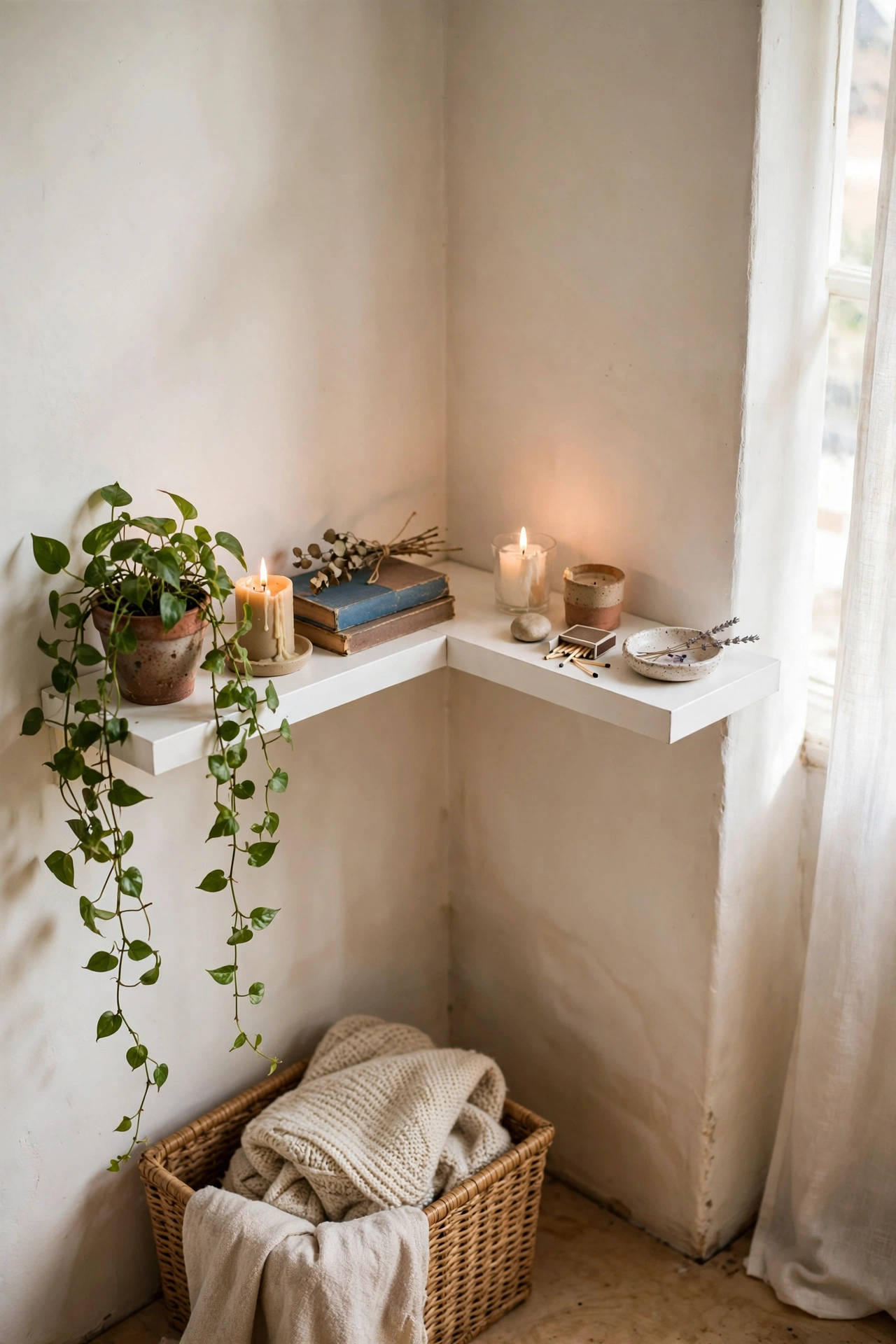Pair of small white corner floating diy shelves meeting in a corner holding plants and candles