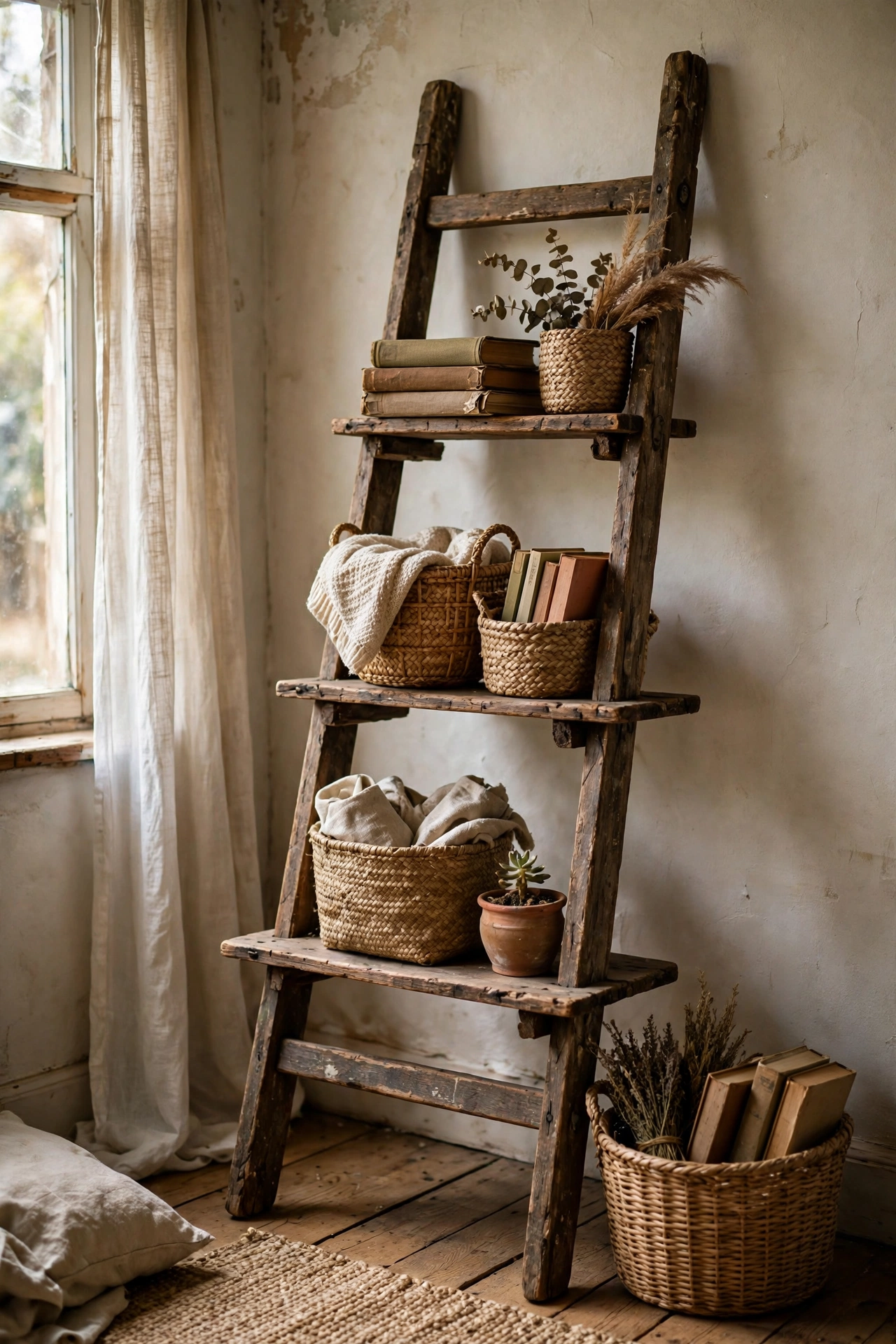 Old wooden ladder turned into a diy shelf with planks resting across the rungs holding books and baskets