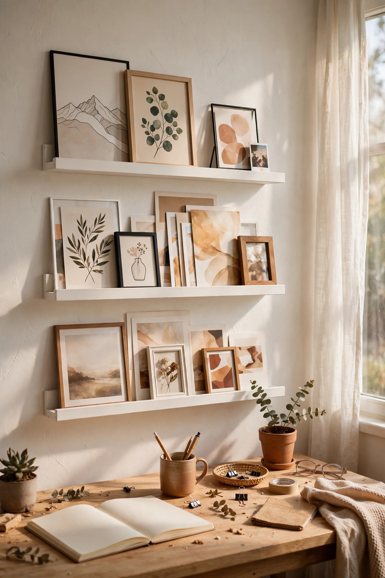 Narrow white picture ledge diy shelves layered with art prints and small frames above a desk