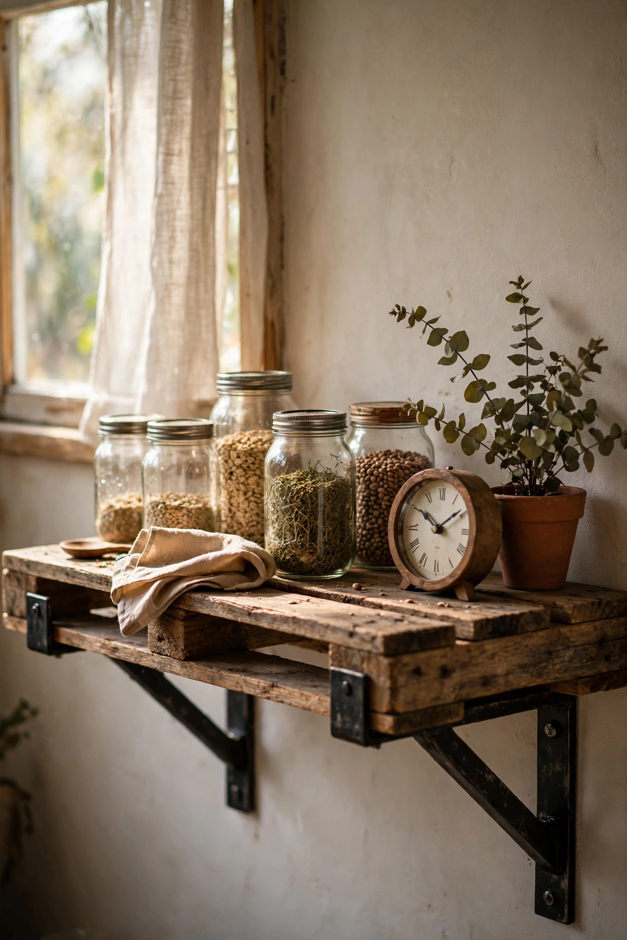 Rustic reclaimed pallet plank diy shelf on chunky black brackets holding jars and a small clock