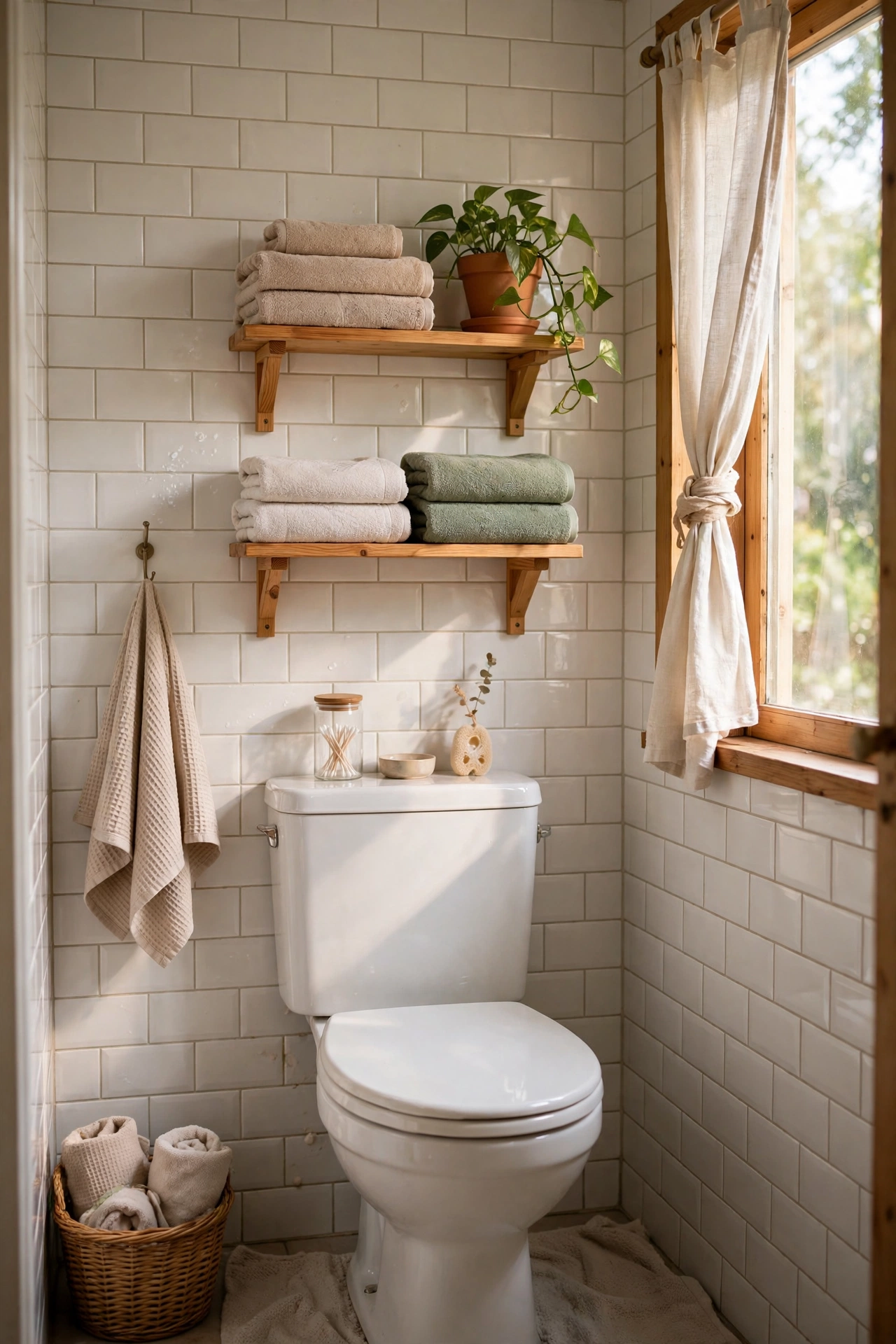 Two small varnished diy shelves above a toilet holding folded towels and a green plant in a bathroom