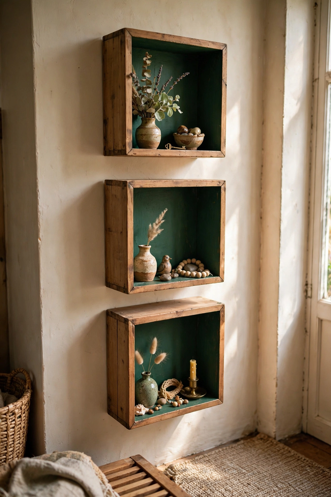 Cluster of three wooden cube shadow-box diy shelves with deep green painted interiors holding small treasures