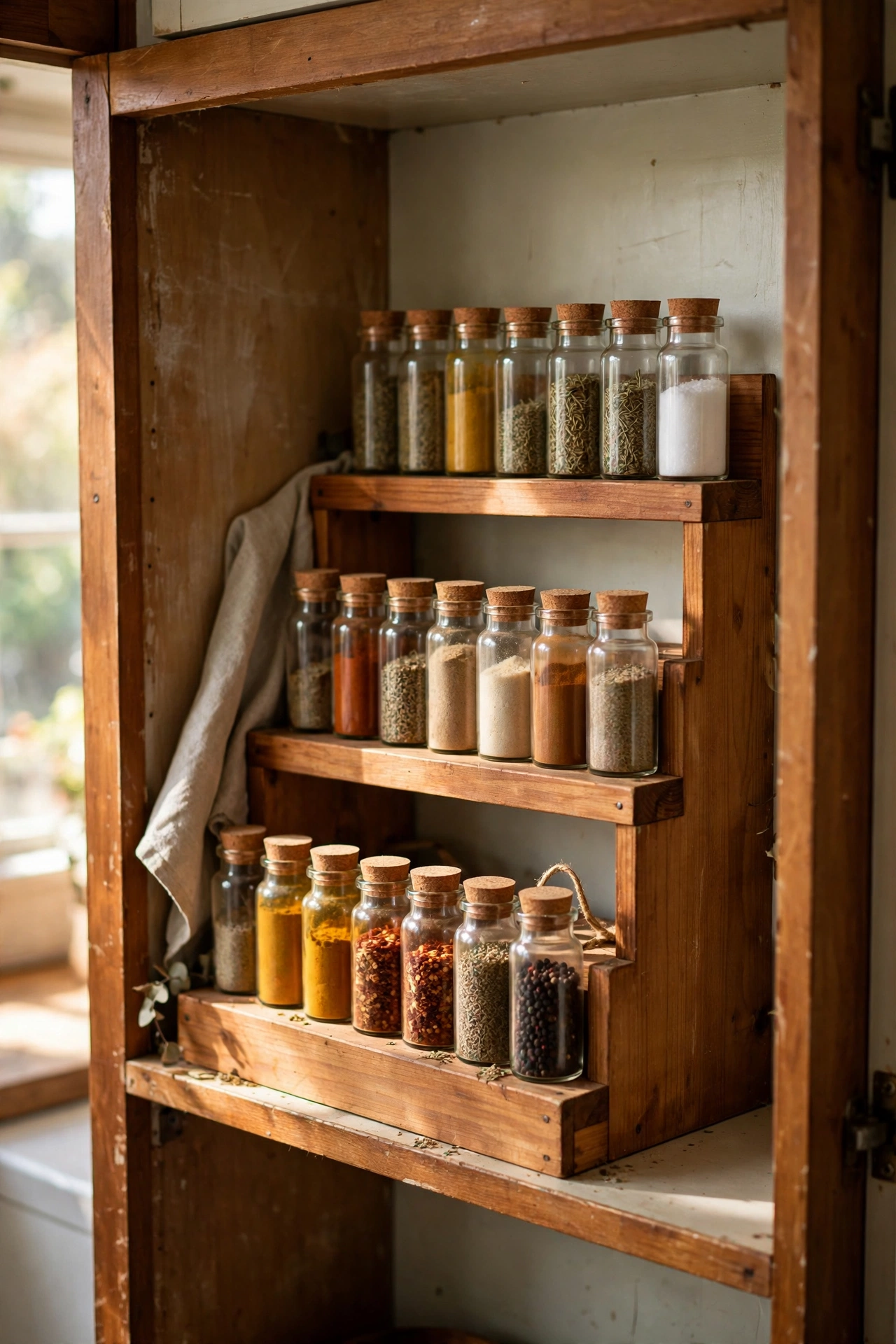 Three-tier stepped wooden diy spice shelf inside a kitchen cupboard with neatly arranged spice jars