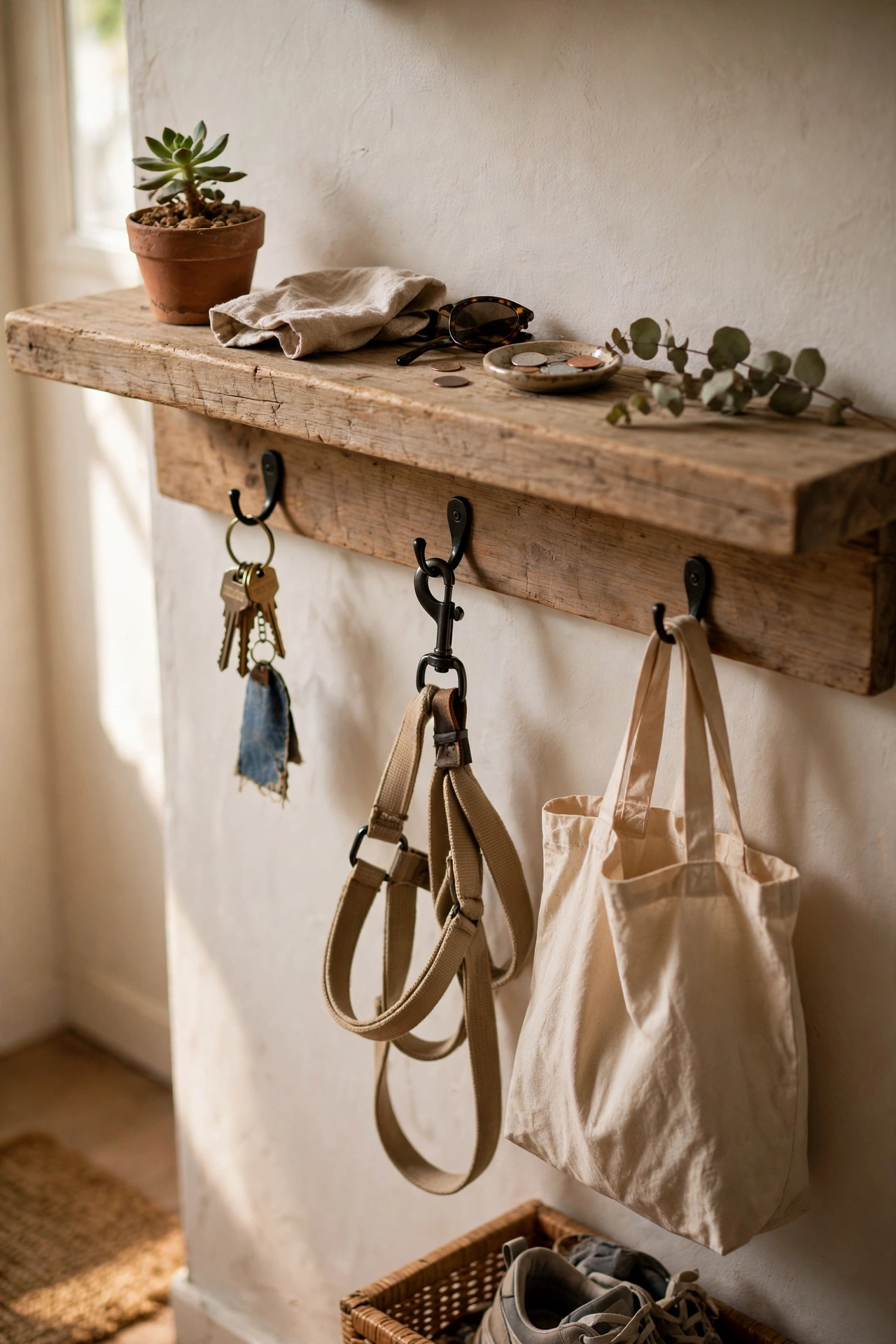 Wide hallway diy shelf with five metal hooks underneath holding keys, a dog lead and a tote bag