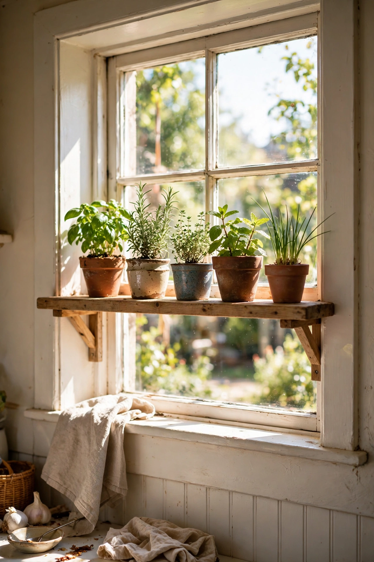 Slim wooden diy shelf fitted across a kitchen window recess holding small potted herbs in sunlight