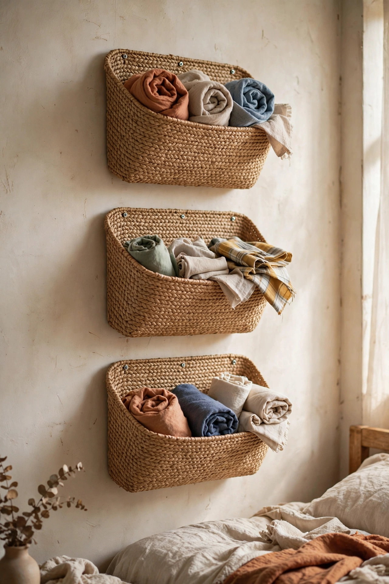 Three flat-backed seagrass basket diy shelves screwed to a bedroom wall holding rolled scarves