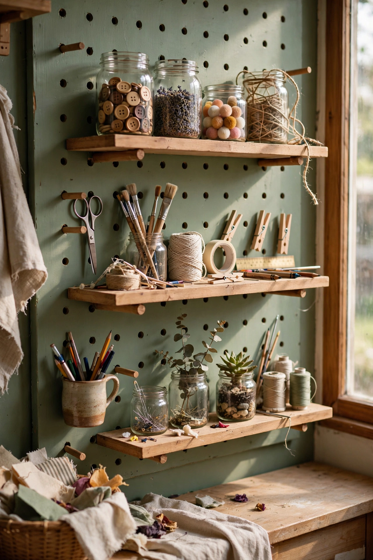 Painted pegboard with wooden diy shelf ledges on dowel pegs holding craft jars and small tools