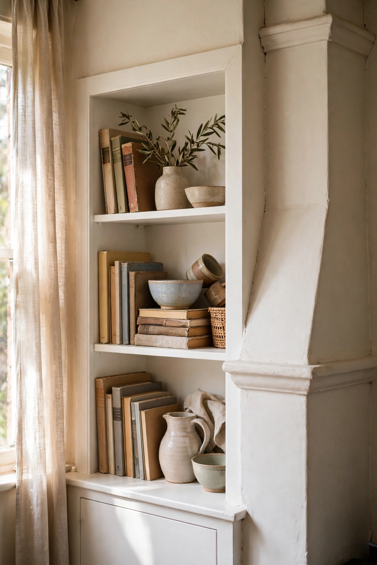 Boxed-in alcove diy shelf beside a chimney breast painted white, styled with books and ceramics