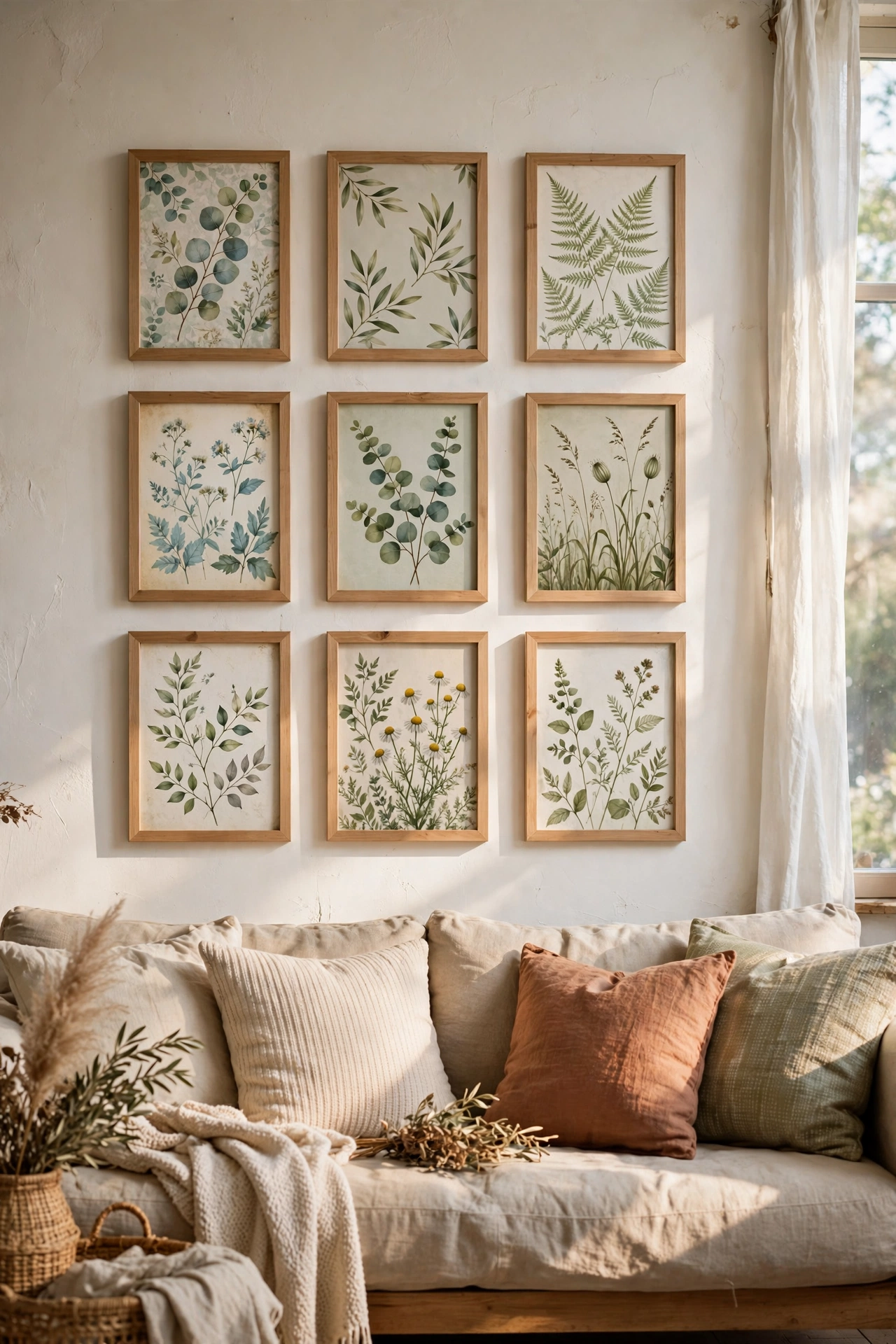 Grid of nine framed wallpaper sample diy wall art prints in botanical patterns above a sofa