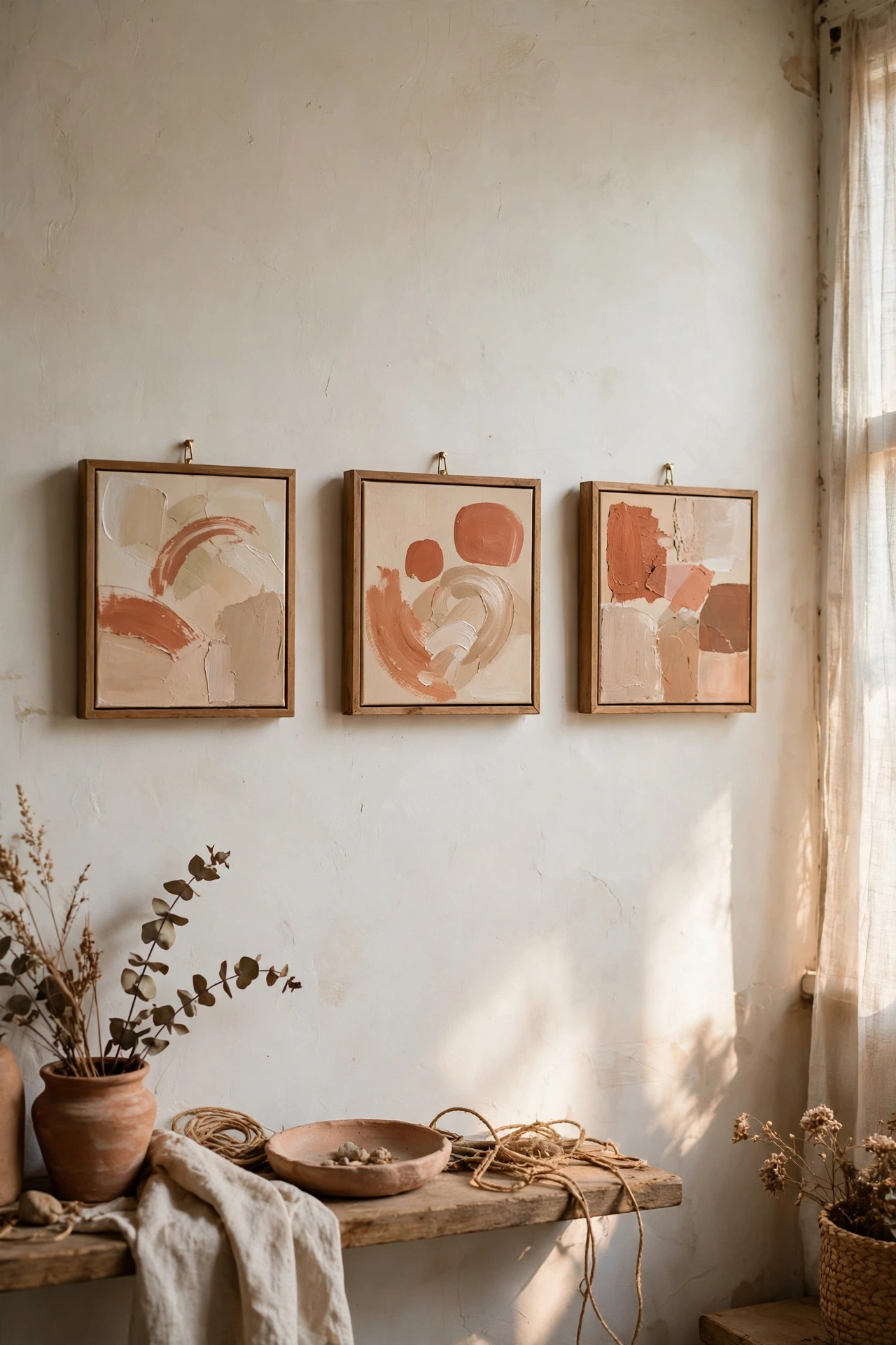 Three small abstract painted canvas diy wall art pieces in beige and terracotta hanging as a set